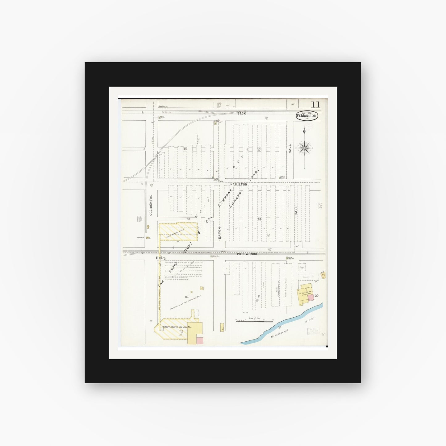Old map wall art mockup — black gallery frame with white mat — Sanborn Fire Insurance Map from Fort Madison, Lee County, Iowa (1894), Sheet #0011
