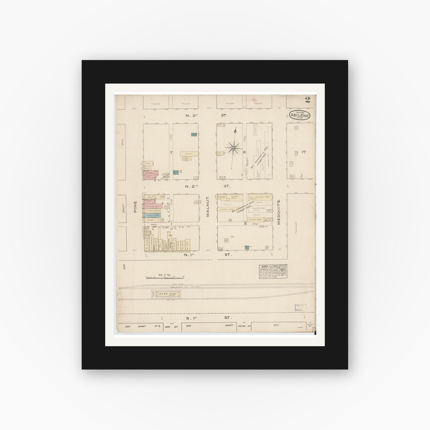 Old map wall art mockup — black gallery frame with white mat — Sanborn Fire Insurance Map from Abilene, Taylor County, Texas (1885), Sheet #0002