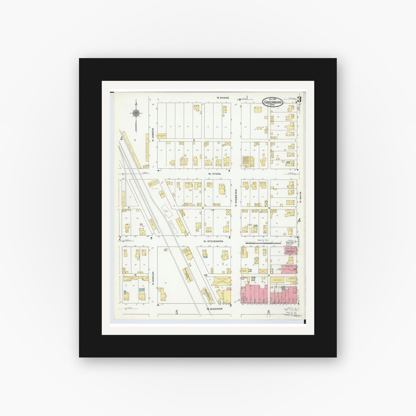 Old map wall art mockup — black gallery frame with white mat — Sanborn Fire Insurance Map from Gibsonburg, Sandusky County, Ohio (1910), Sheet #0003