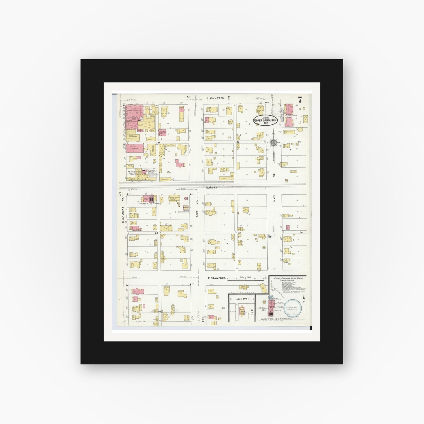 Old map wall art mockup — black gallery frame with white mat — Sanborn Fire Insurance Map from Upper Sandusky, Wyandot County, Ohio (1911), Sheet #0007