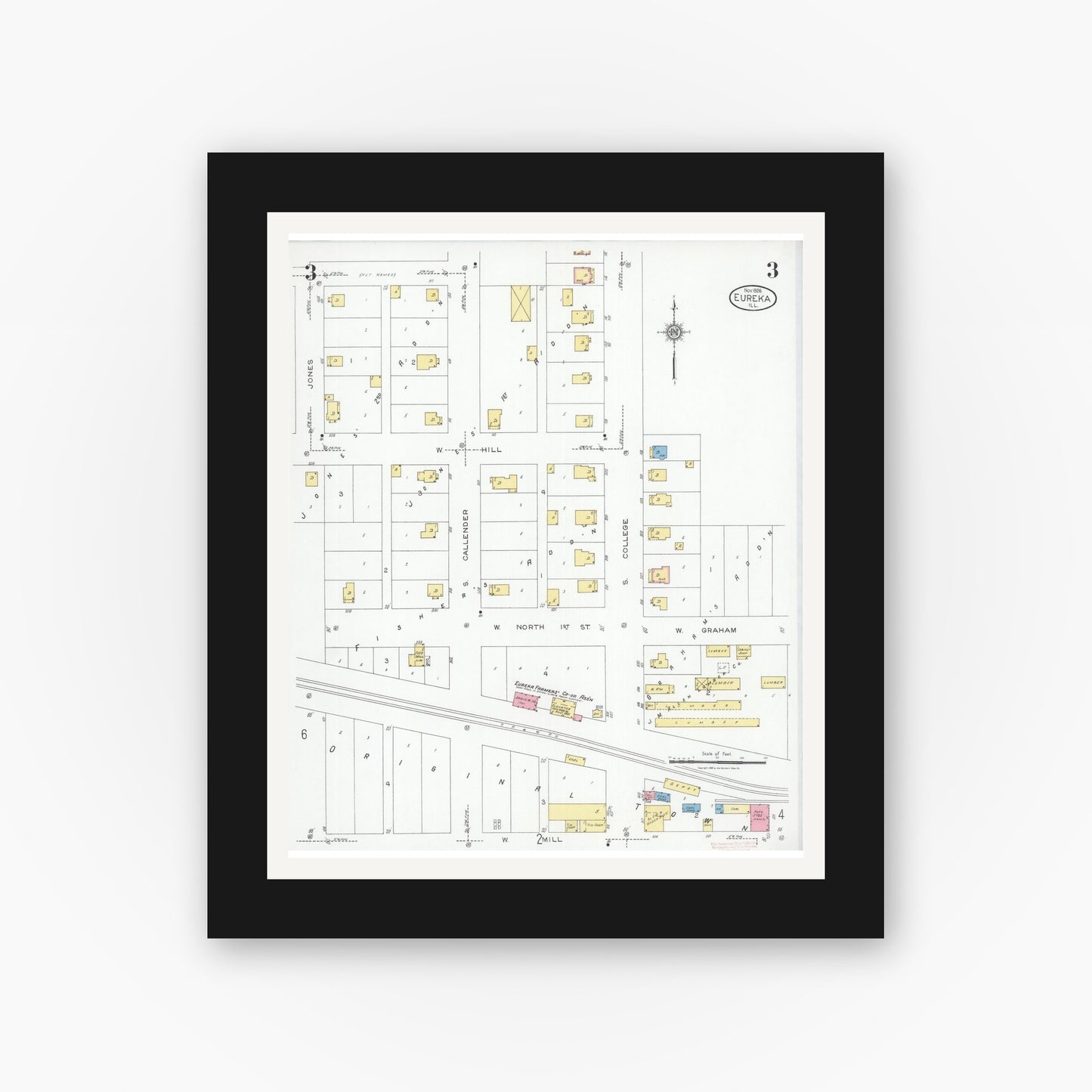 Old map wall art mockup — black gallery frame with white mat — Sanborn Fire Insurance Map from Eureka, Woodford County, Illinois (1926), Sheet #0003