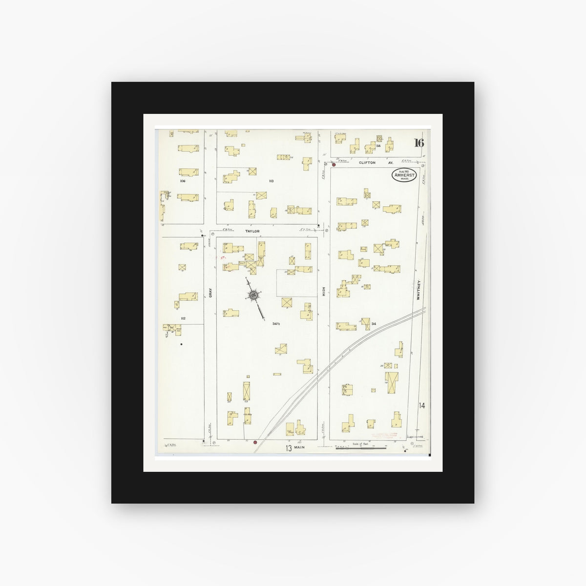 Old map wall art mockup — black gallery frame with white mat — Sanborn Fire Insurance Map from Amherst, Hampshire County, Massachusetts (1910), Sheet #0016