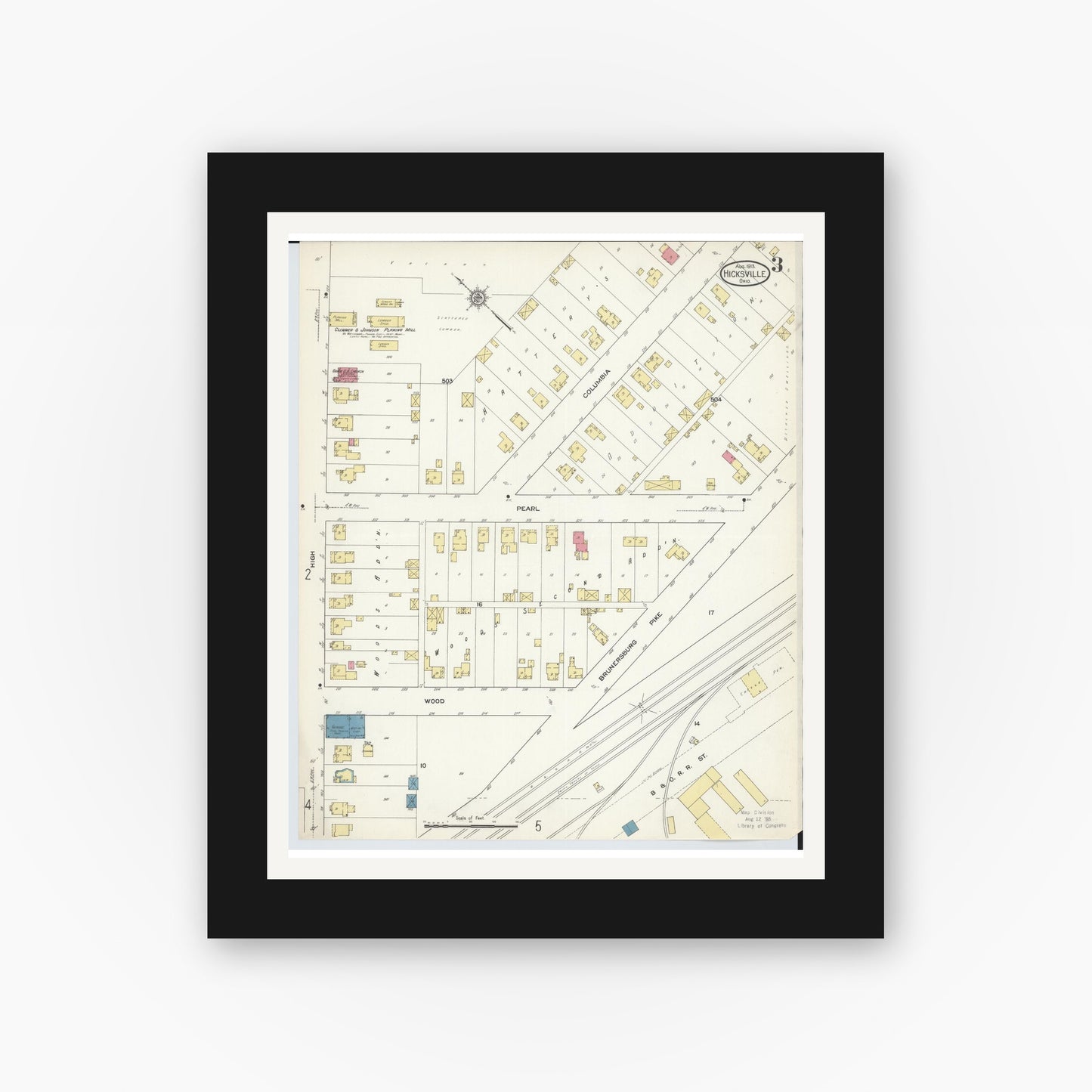 Old map wall art mockup — black gallery frame with white mat — Sanborn Fire Insurance Map from Hicksville, Defiance County, Ohio (1913), Sheet #0003