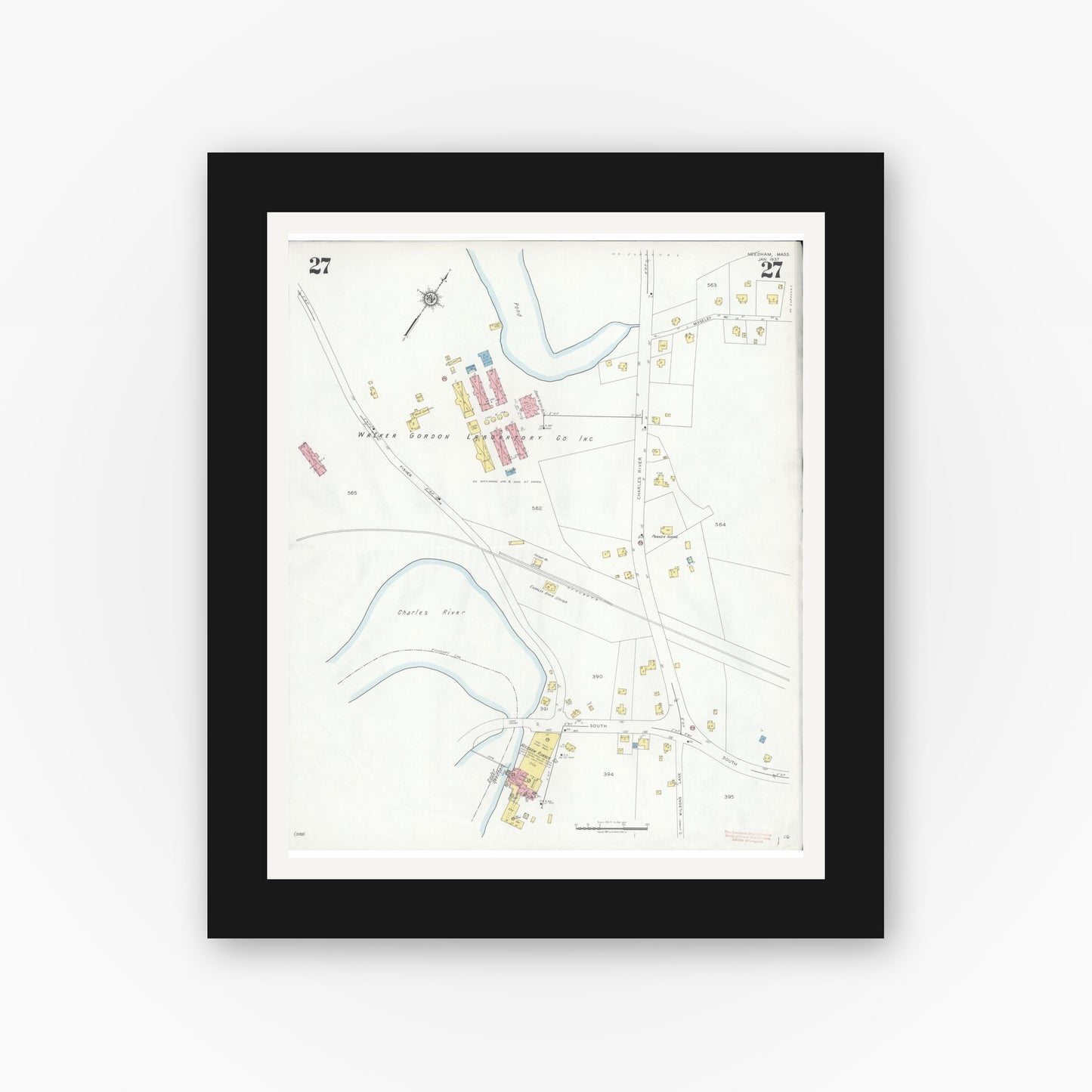 Old map wall art mockup — black gallery frame with white mat — Sanborn Fire Insurance Map from Needham, Norfolk County, Massachusetts (1937), Sheet #0027