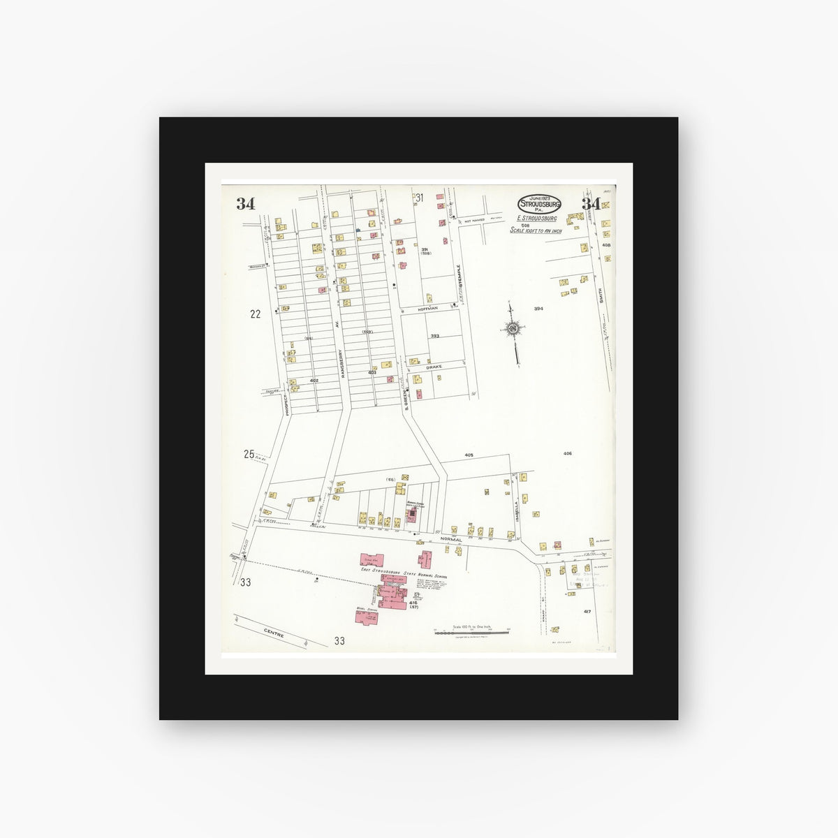 Old map wall art mockup — black gallery frame with white mat — Sanborn Fire Insurance Map from Stroudsburg, Monroe County, Pennsylvania (1923), Sheet #0034