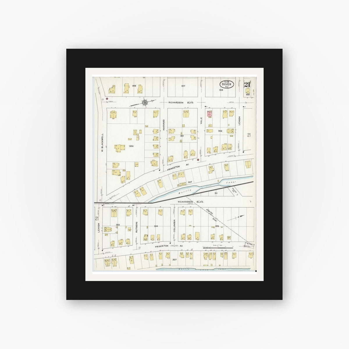 Old map wall art mockup — black gallery frame with white mat — Sanborn Fire Insurance Map from Dover, Morris County, New Jersey (1916), Sheet #0021