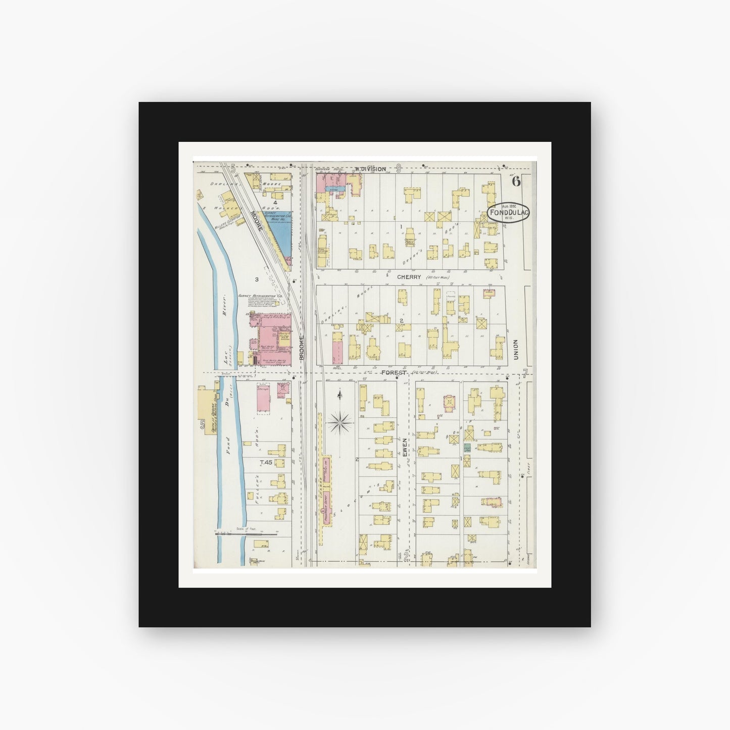Old map wall art mockup — black gallery frame with white mat — Sanborn Fire Insurance Map from Fond du Lac, Fond du Lac County, Wisconsin (1892), Sheet #0006