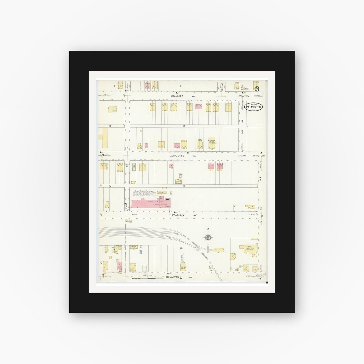 Old map wall art mockup — black gallery frame with white mat — Sanborn Fire Insurance Map from Palmerton, Carbon County, Pennsylvania (1912), Sheet #0003
