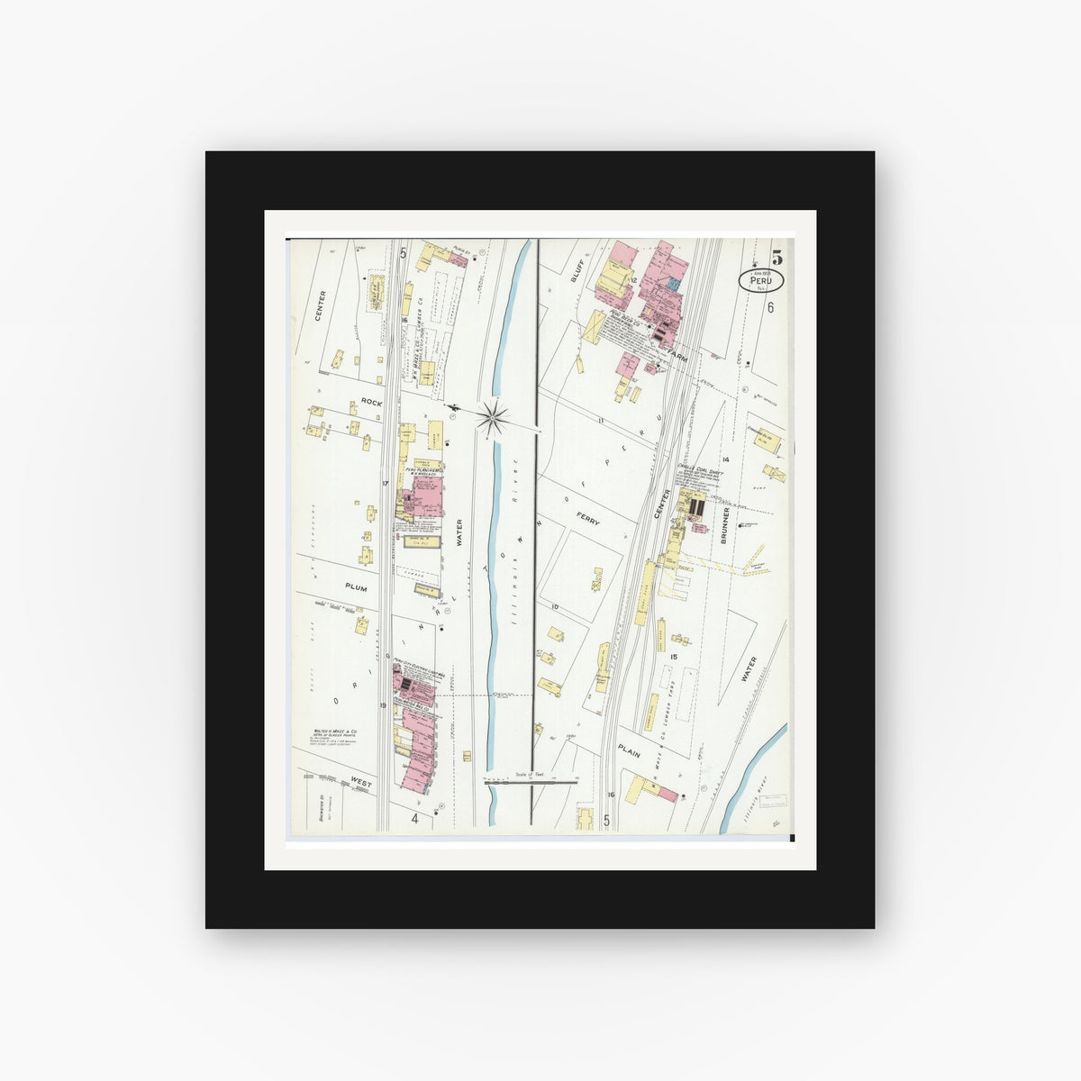 Old map wall art mockup — black gallery frame with white mat — Sanborn Fire Insurance Map from Peru, La Salle County, Illinois (1909), Sheet #0005