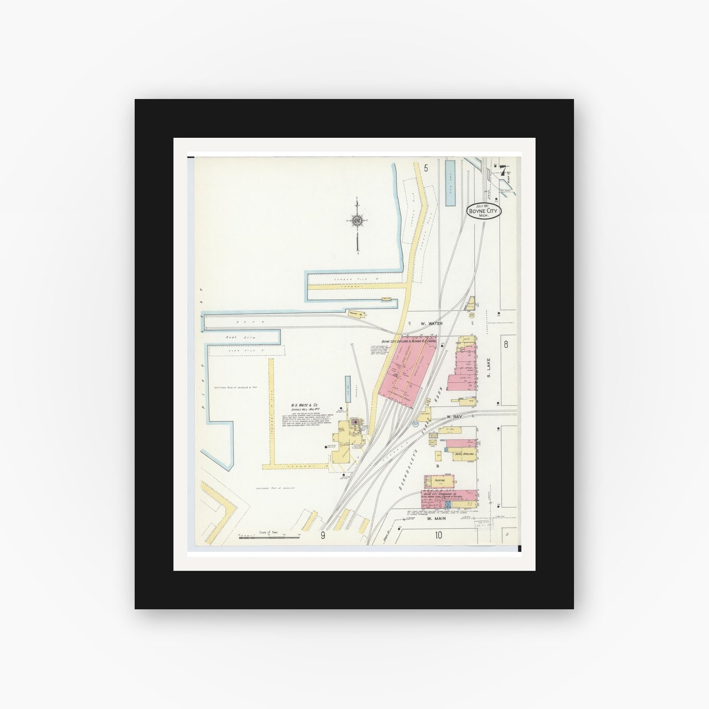 Old map wall art mockup — black gallery frame with white mat — Sanborn Fire Insurance Map from Boyne City, Charlevoix County, Michigan (1911), Sheet #0007