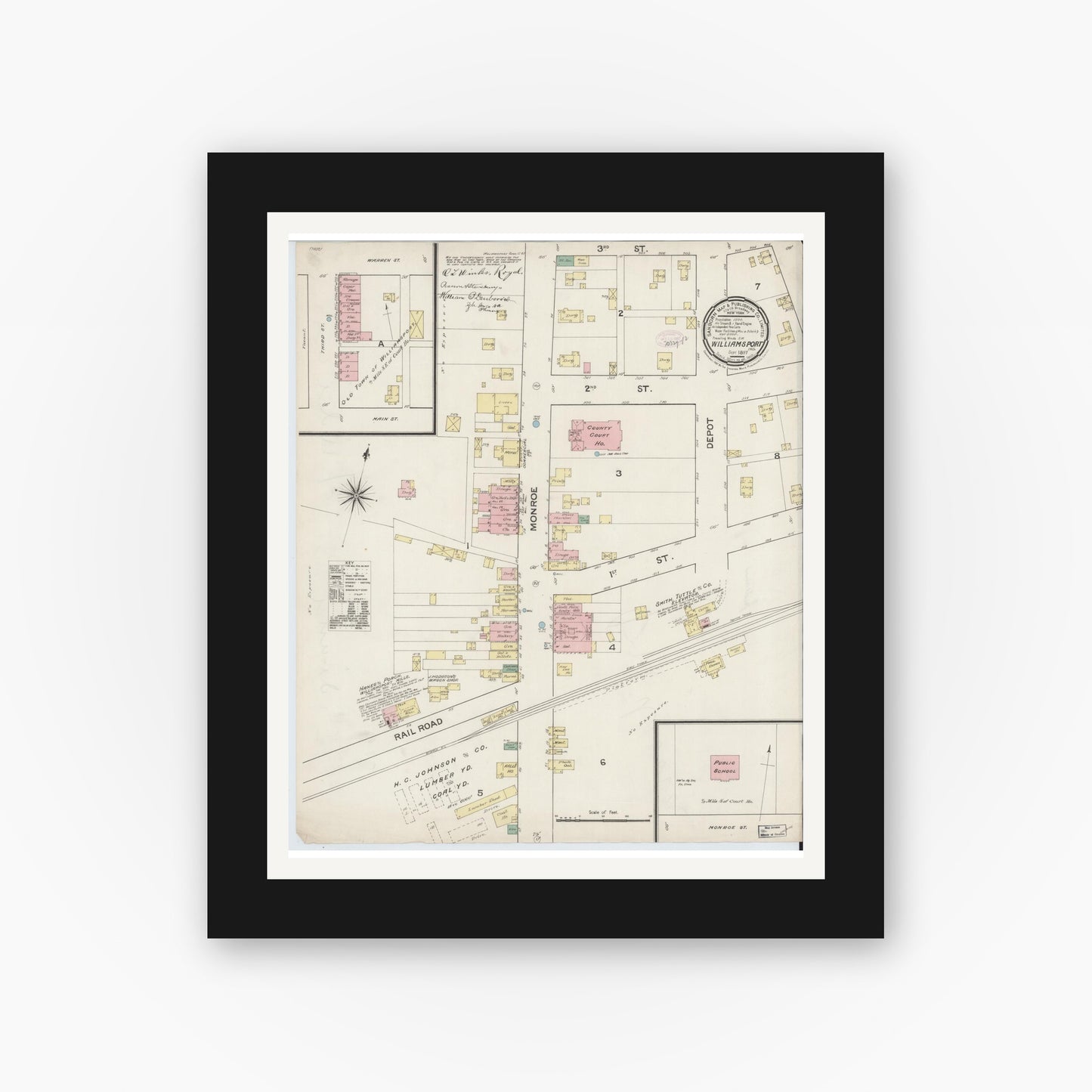 Old map wall art mockup — black gallery frame with white mat — Sanborn Fire Insurance Map from Williamsport, Warren County, Indiana (1887), Sheet #0001