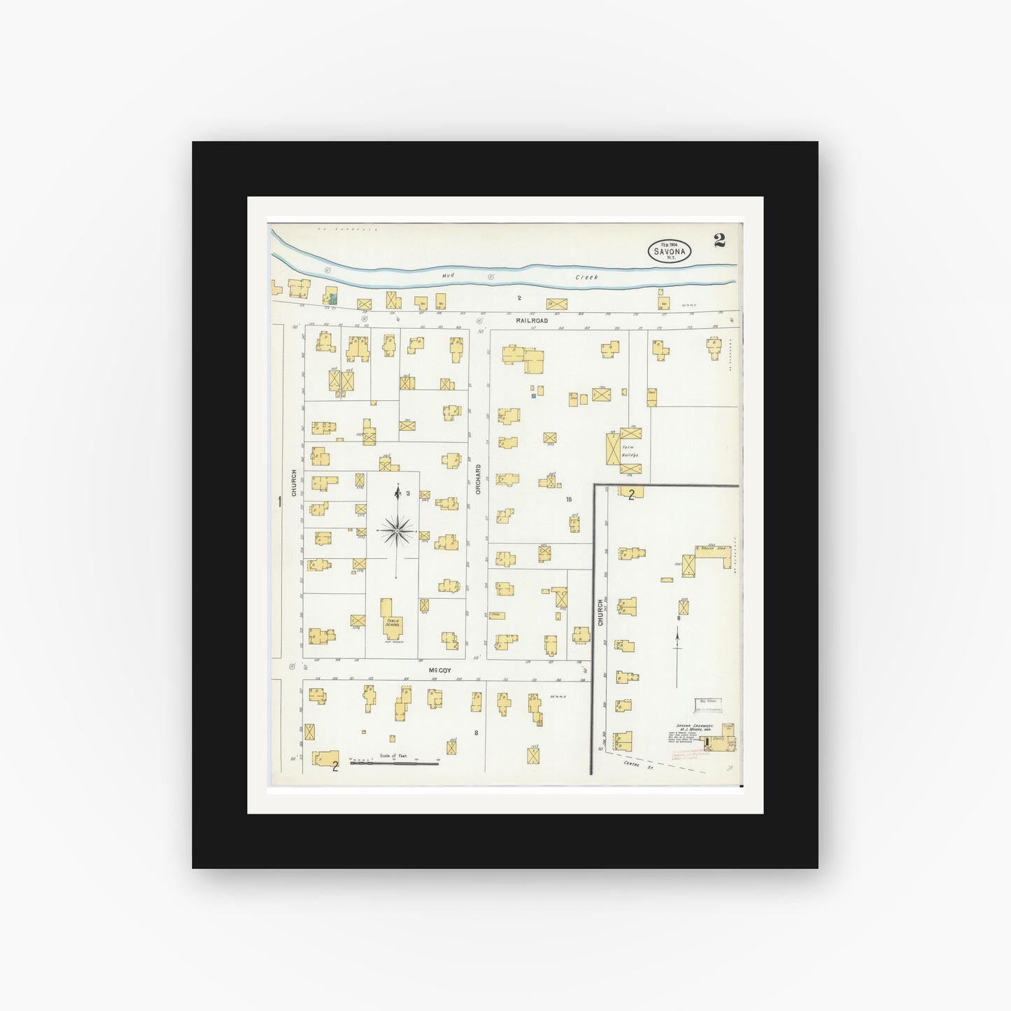 Old map wall art mockup — black gallery frame with white mat — Sanborn Fire Insurance Map from Savona, Steuben County, New York (1904), Sheet #0002