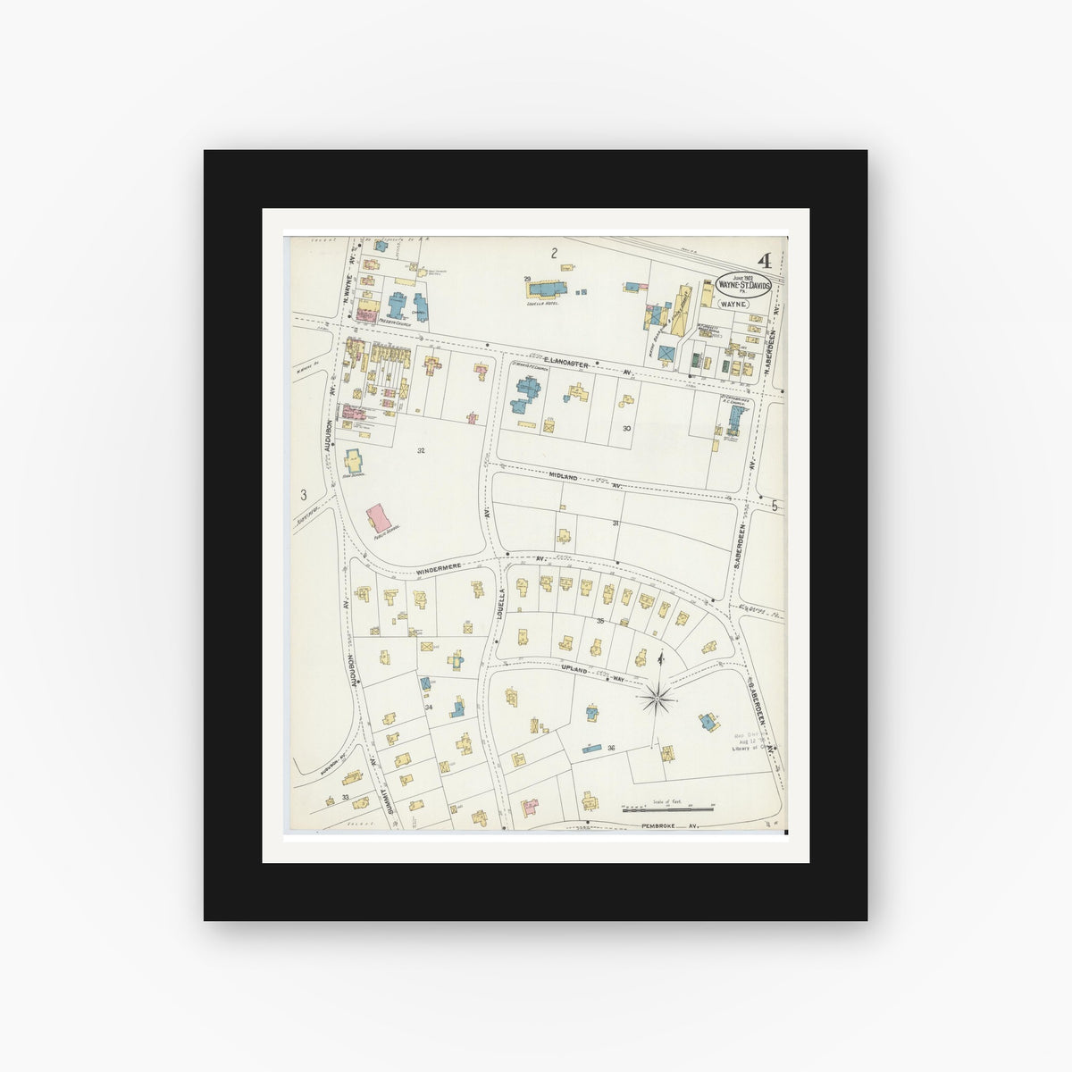 Old map wall art mockup β black gallery frame with white mat β Sanborn Fire Insurance Map from Wayne, Delaware County, Pennsylvania (1902), Sheet #0004