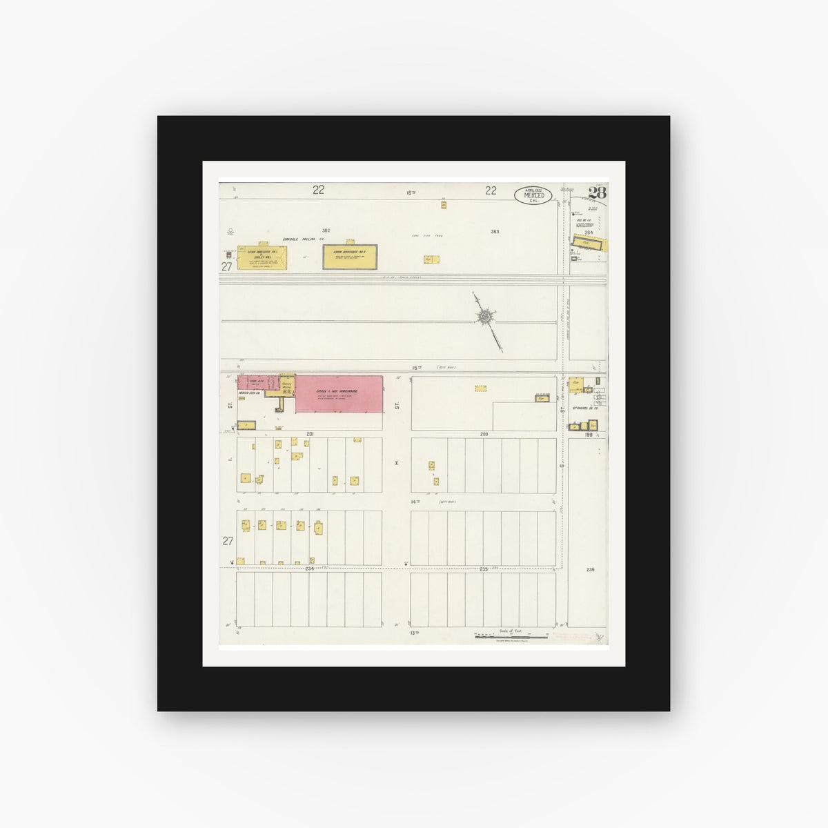 Old map wall art mockup — black gallery frame with white mat — Sanborn Fire Insurance Map from Merced, Merced County, California (1922), Sheet #0028