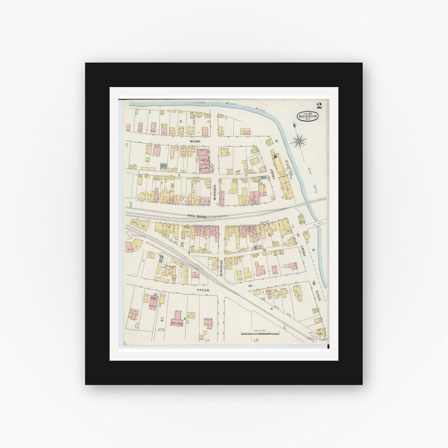 Old map wall art mockup — black gallery frame with white mat — Sanborn Fire Insurance Map from Morrow, Warren County, Ohio (1895), Sheet #0002