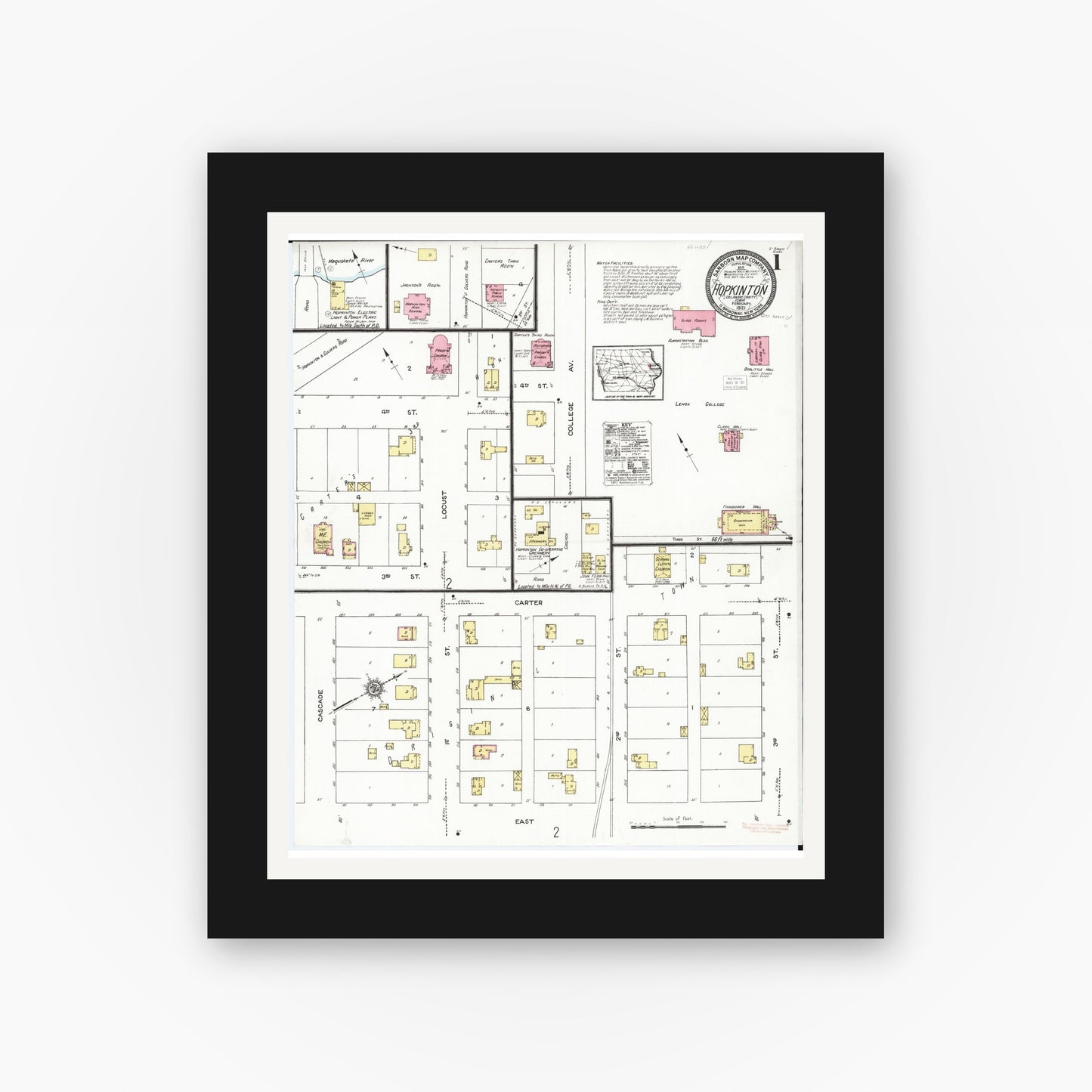 Old map wall art mockup — black gallery frame with white mat — Sanborn Fire Insurance Map from Hopkinton, Delaware County, Iowa (1921) — Complete Set