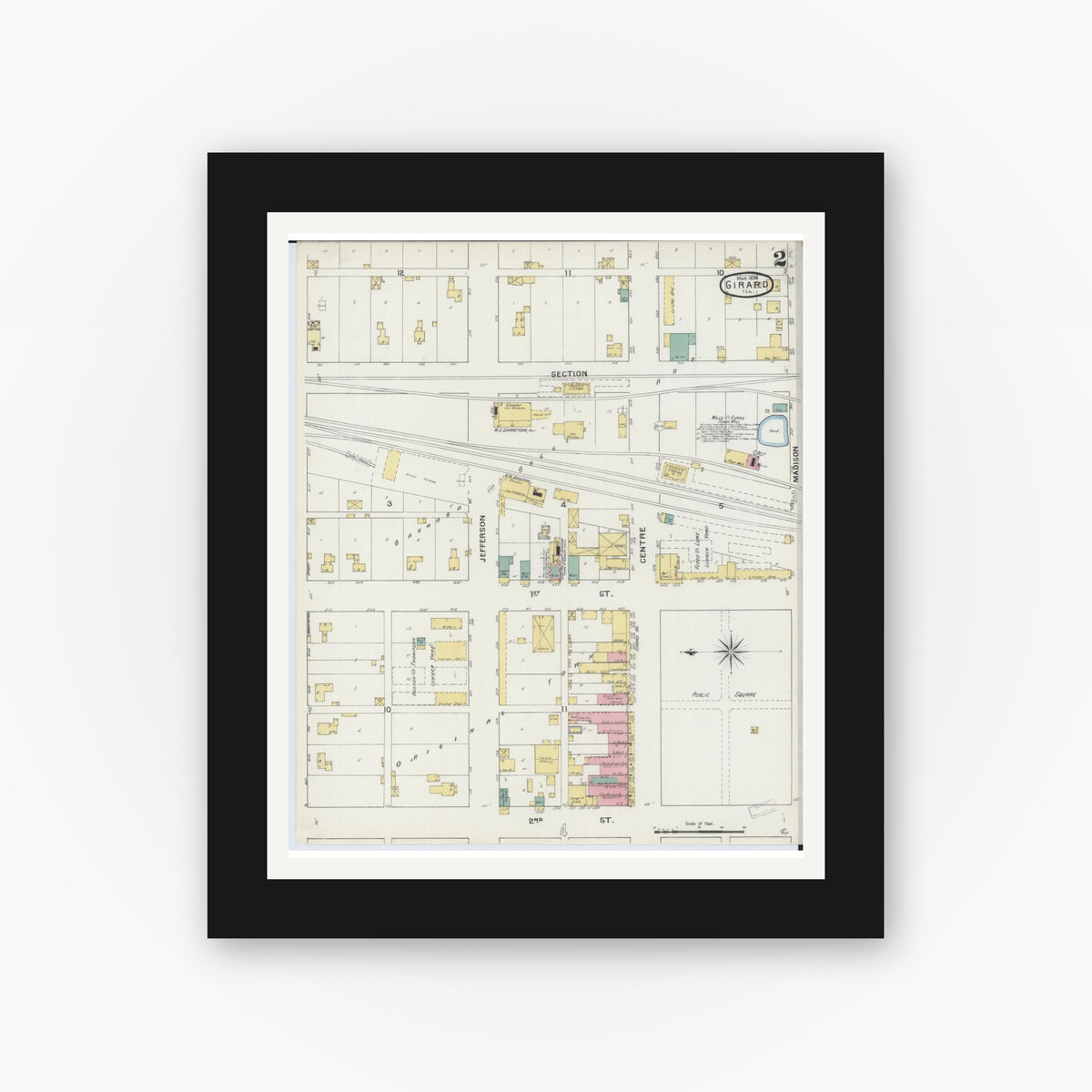Old map wall art mockup — black gallery frame with white mat — Sanborn Fire Insurance Map from Girard, Macoupin County, Illinois (1894), Sheet #0002