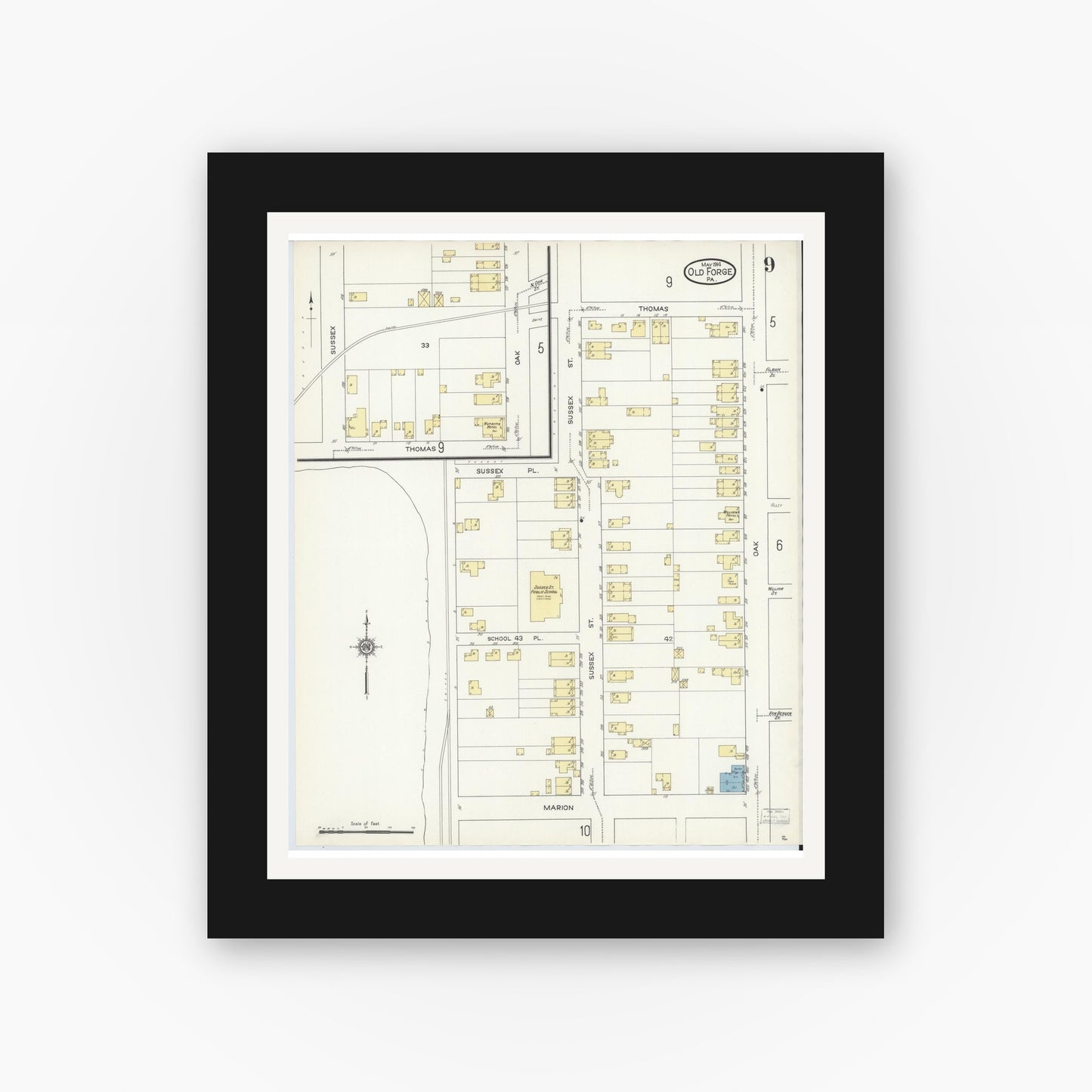 Old map wall art mockup — black gallery frame with white mat — Sanborn Fire Insurance Map from Old Forge, Lackawanna County, Pennsylvania (1914), Sheet #0009