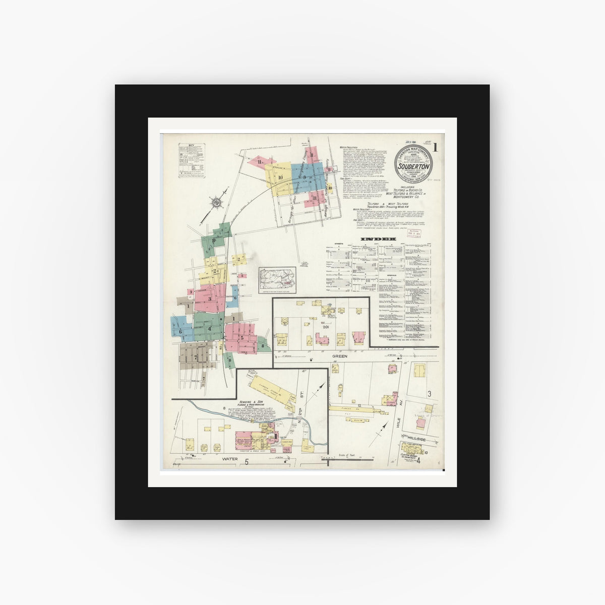 Old map wall art mockup — black gallery frame with white mat — Sanborn Fire Insurance Map from Souderton, Montgomery County, Pennsylvania (1914) - Complete Map Set