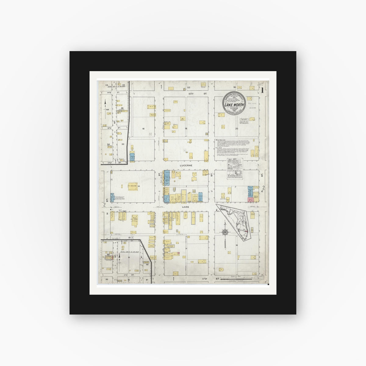 Old map wall art mockup — black gallery frame with white mat — Sanborn Fire Insurance Map from Lake Worth, Palm Beach County, Florida (1918) - Complete Map Set