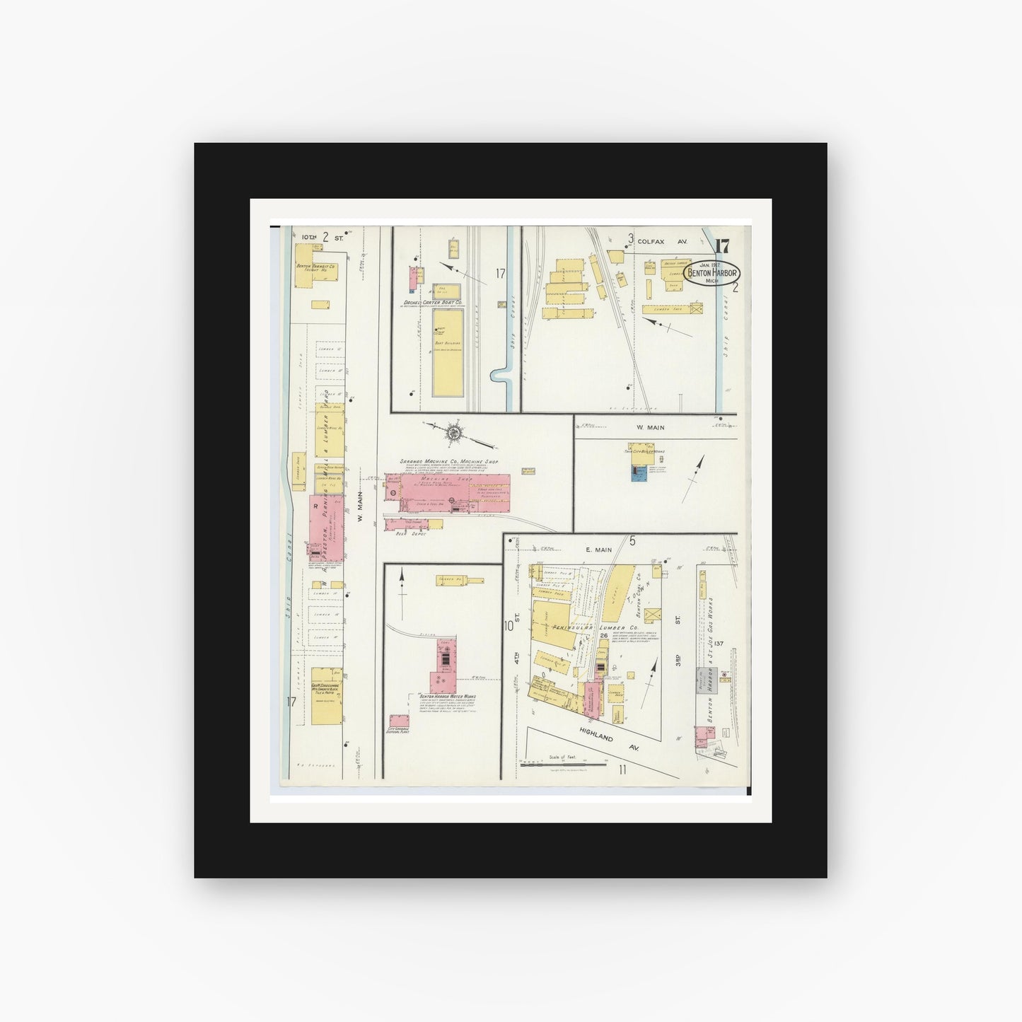 Old map wall art mockup — black gallery frame with white mat — Sanborn Fire Insurance Map from Benton Harbor, Berrien County, Michigan (1917), Sheet #0017