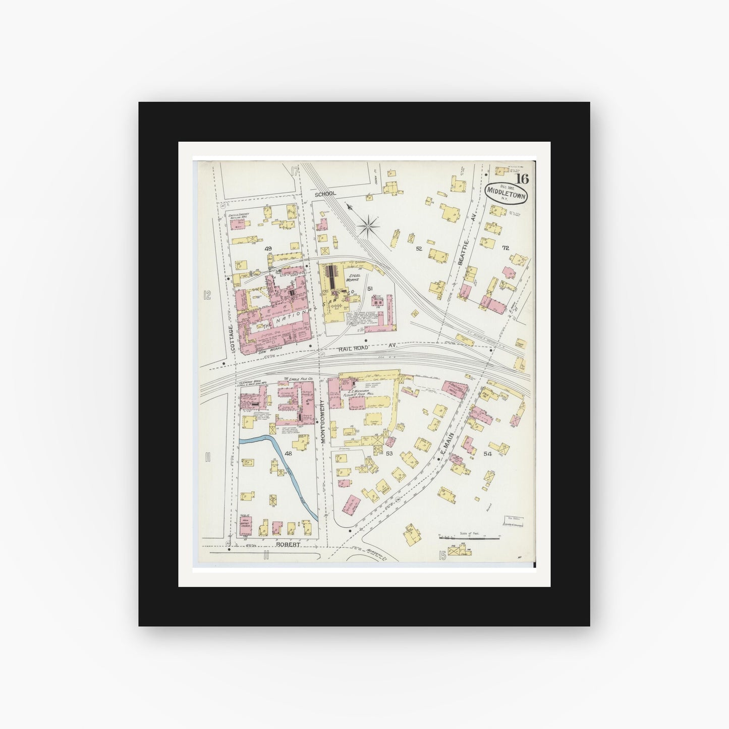 Old map wall art mockup — black gallery frame with white mat — Sanborn Fire Insurance Map from Middletown, Orange County, New York (1892), Sheet #0016