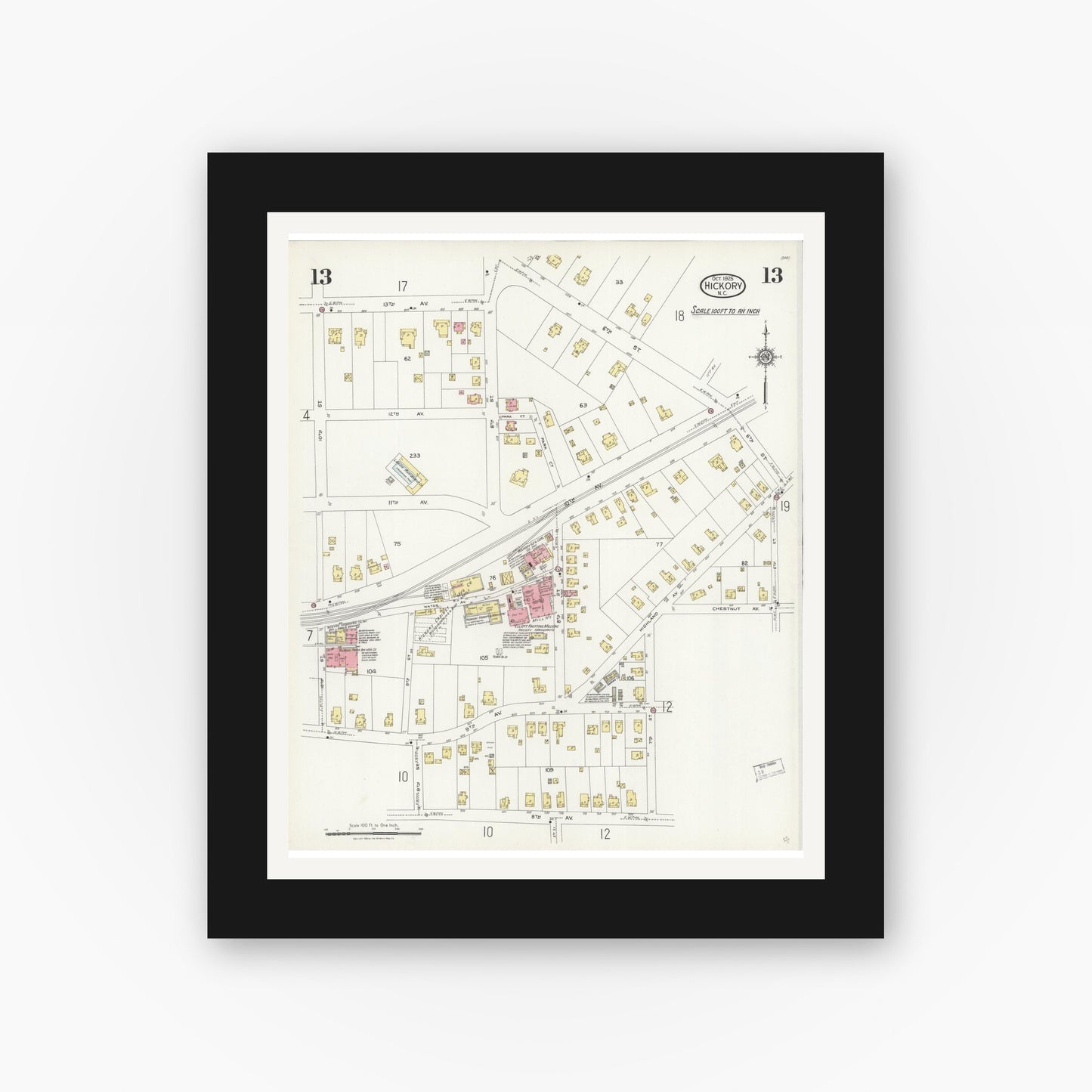 Old map wall art mockup — black gallery frame with white mat — Sanborn Fire Insurance Map from Hickory, Catawba County, North Carolina (1925), Sheet #0013