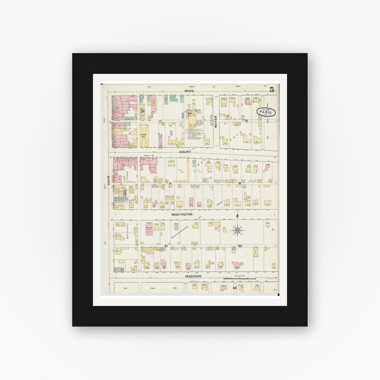 Old map wall art mockup — black gallery frame with white mat — Sanborn Fire Insurance Map from Paris, Edgar County, Illinois (1890), Sheet #0005