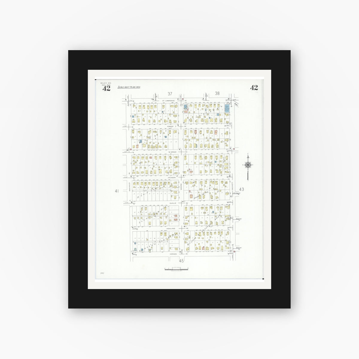 Old map wall art mockup — black gallery frame with white mat — Sanborn Fire Insurance Map from Beloit, Rock County, Wisconsin (1939), Sheet #0042