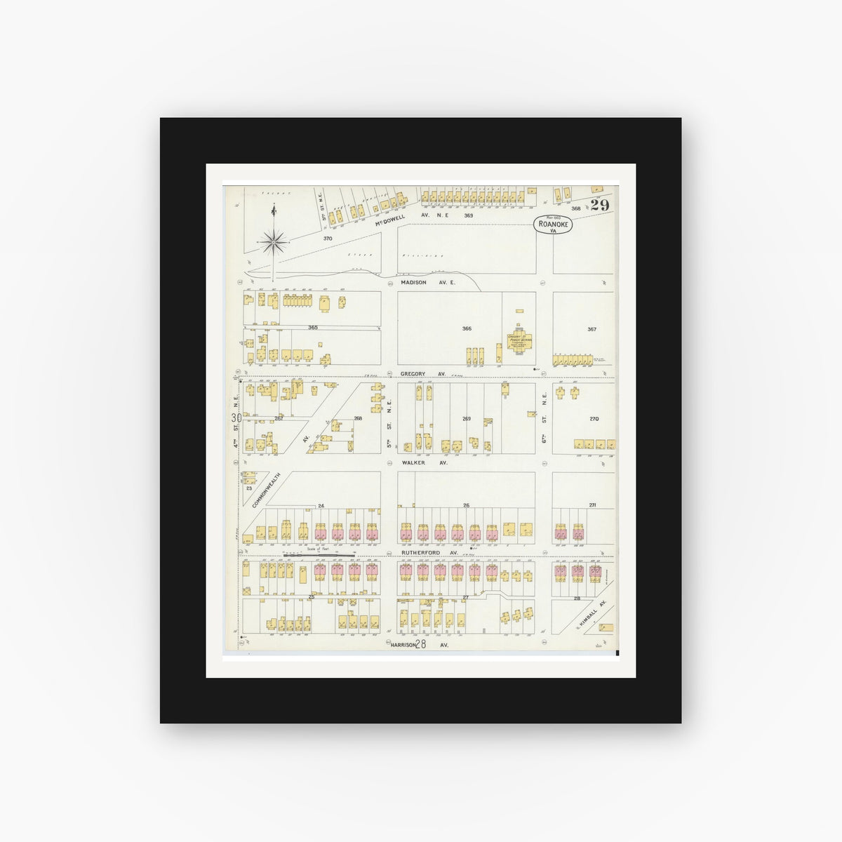 Old map wall art mockup — black gallery frame with white mat — Sanborn Fire Insurance Map from Roanoke, Independent Cities, Virginia (1903), Sheet #0029
