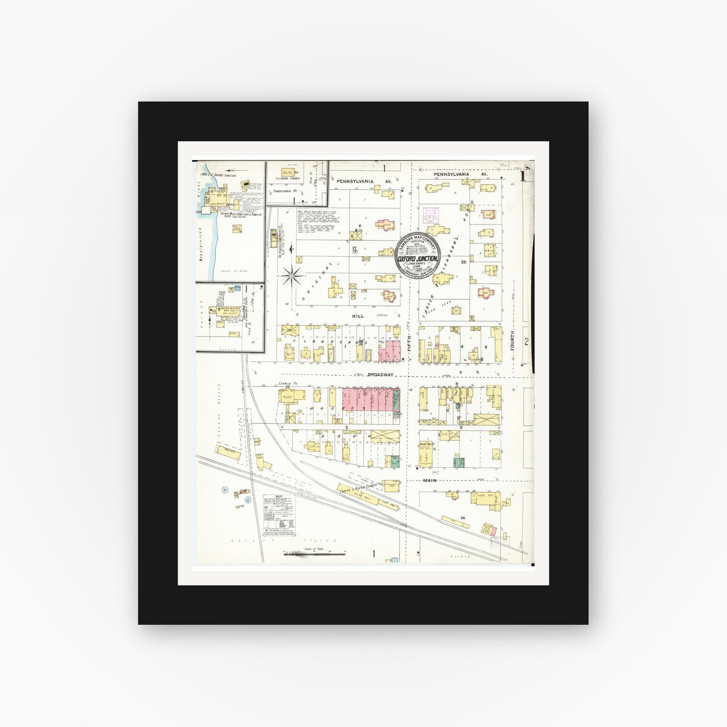 Old map wall art mockup β black gallery frame with white mat β Sanborn Fire Insurance Map from Oxford Junction, Jones County, Iowa (1905), Sheet #0001