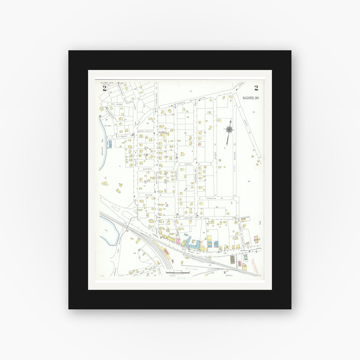 Old map wall art mockup — black gallery frame with white mat — Sanborn Fire Insurance Map from Bourne, Barnstable County, Massachusetts (1941), Sheet #0002