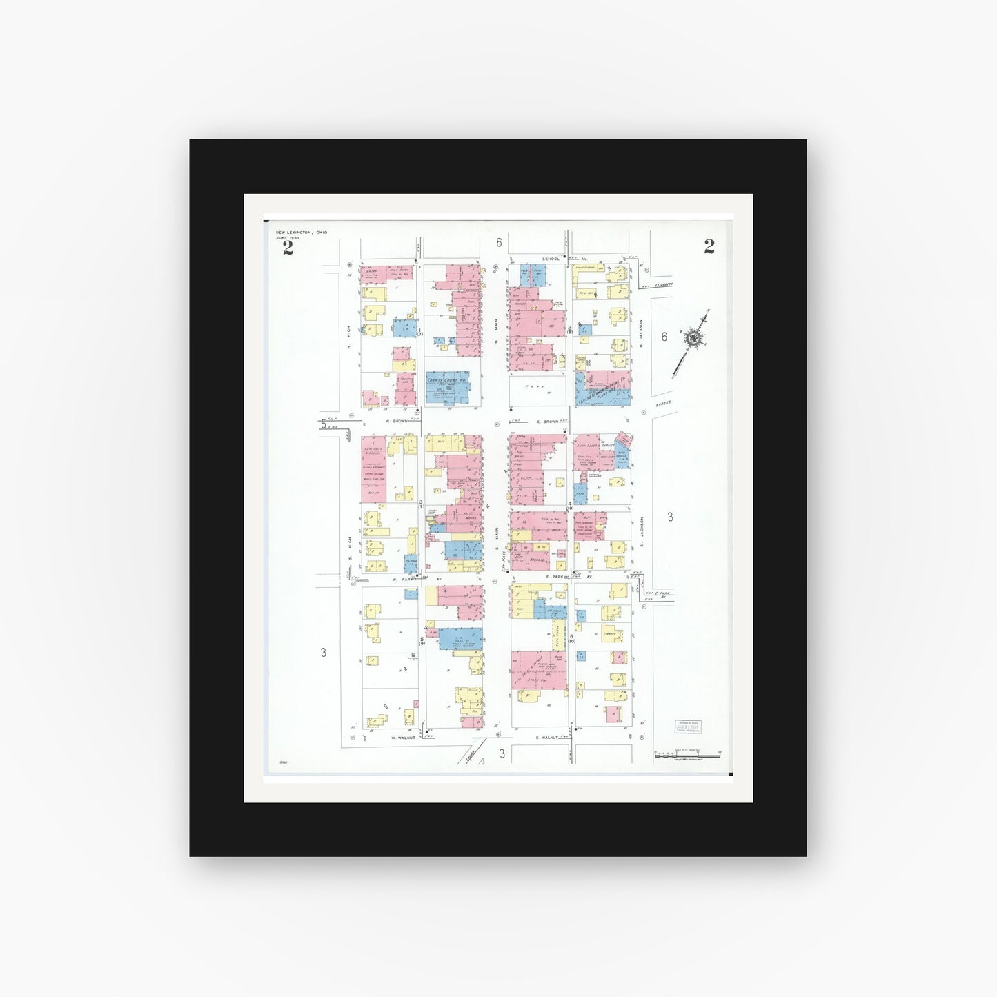 Old map wall art mockup — black gallery frame with white mat — Sanborn Fire Insurance Map from New Lexington, Perry County, Ohio (1950), Sheet #0002