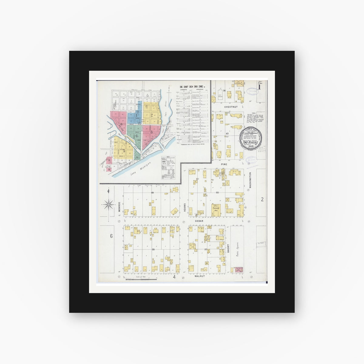 Old map wall art mockup — black gallery frame with white mat — Sanborn Fire Insurance Map from Two Rivers, Manitowoc County, Wisconsin (1898) - Complete Map Set
