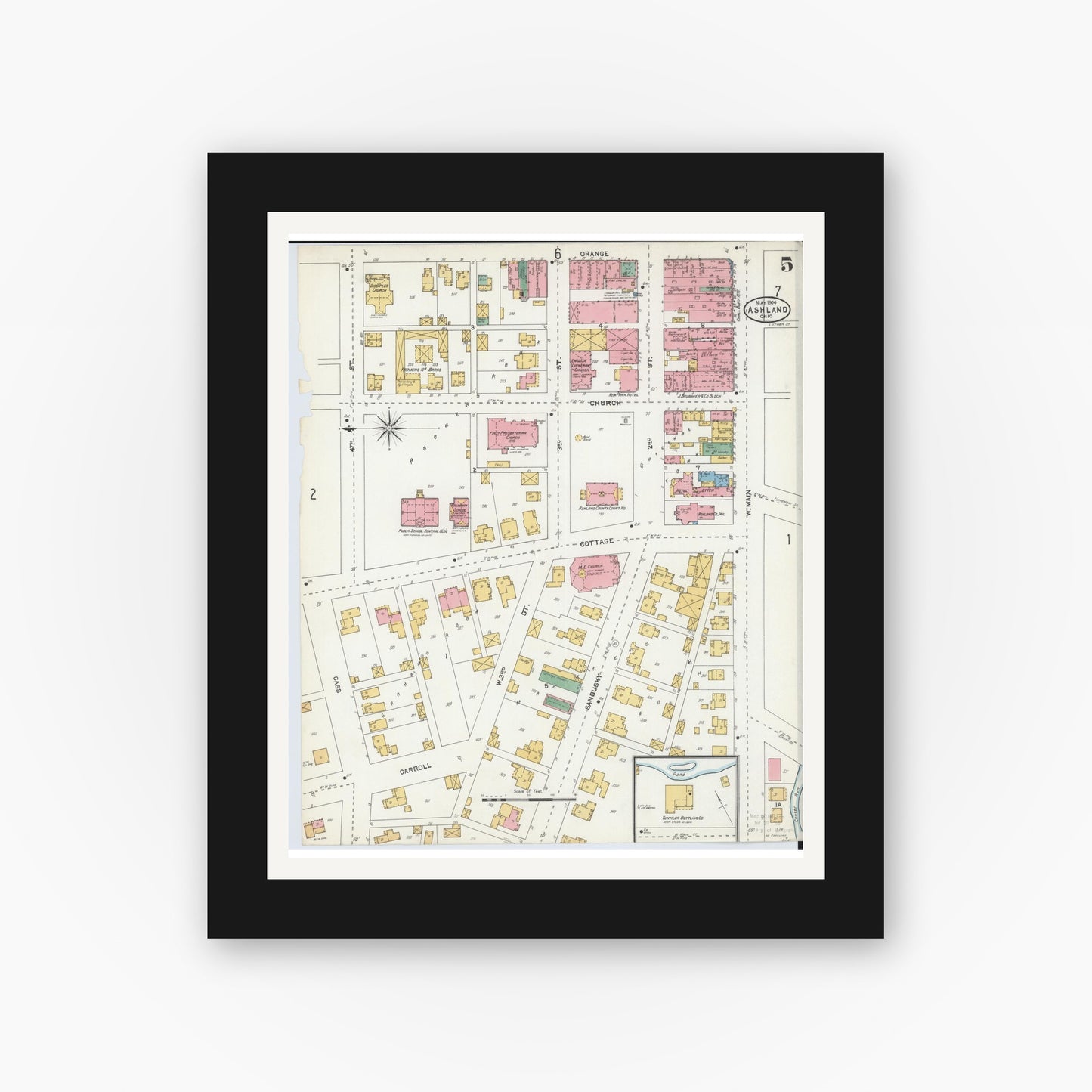 Old map wall art mockup — black gallery frame with white mat — Sanborn Fire Insurance Map from Ashland, Ashland County, Ohio (1904), Sheet #0005