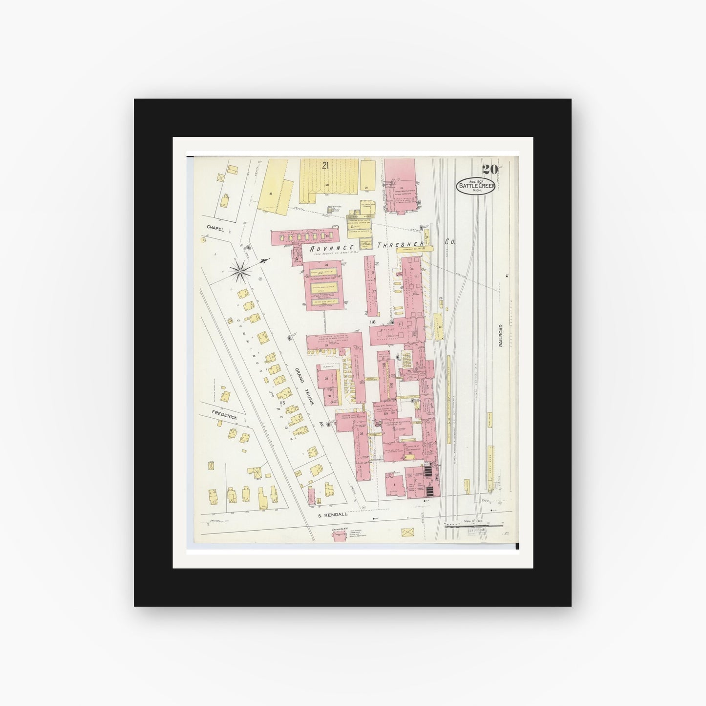 Old map wall art mockup — black gallery frame with white mat — Sanborn Fire Insurance Map from Battle Creek, Calhoun County, Michigan (1907), Sheet #0020