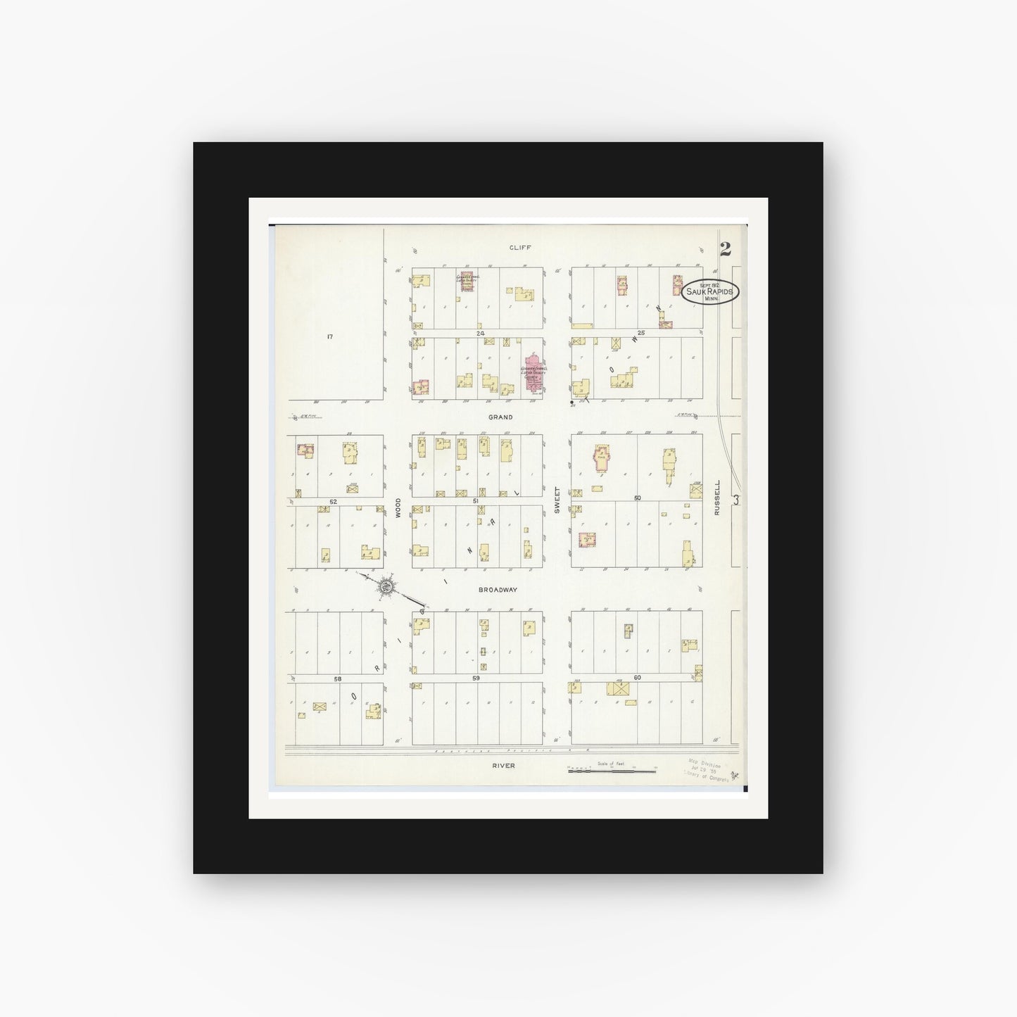 Old map wall art mockup — black gallery frame with white mat — Sanborn Fire Insurance Map from Sauk Rapids, Benton County, Minnesota (1912), Sheet #0002