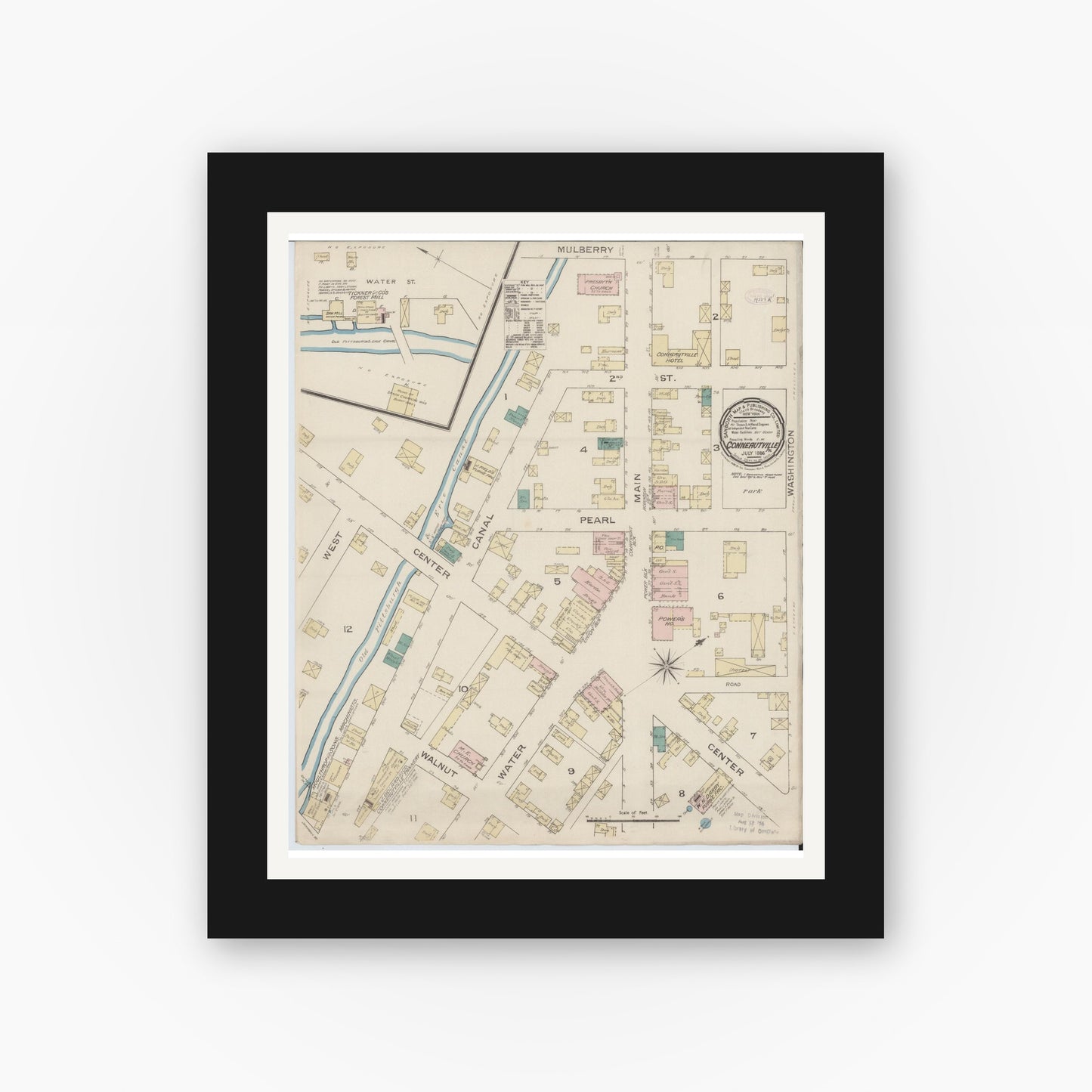 Old map wall art mockup — black gallery frame with white mat — Sanborn Fire Insurance Map from Conneautville, Crawford County, Pennsylvania (1886), Sheet #0001