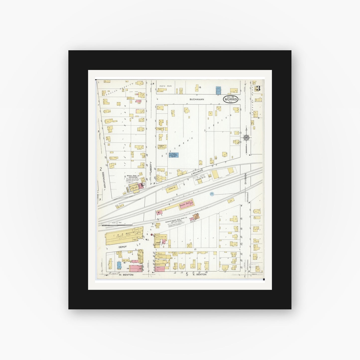 Old map wall art mockup — black gallery frame with white mat — Sanborn Fire Insurance Map from Morris, Grundy County, Illinois (1916), Sheet #0003