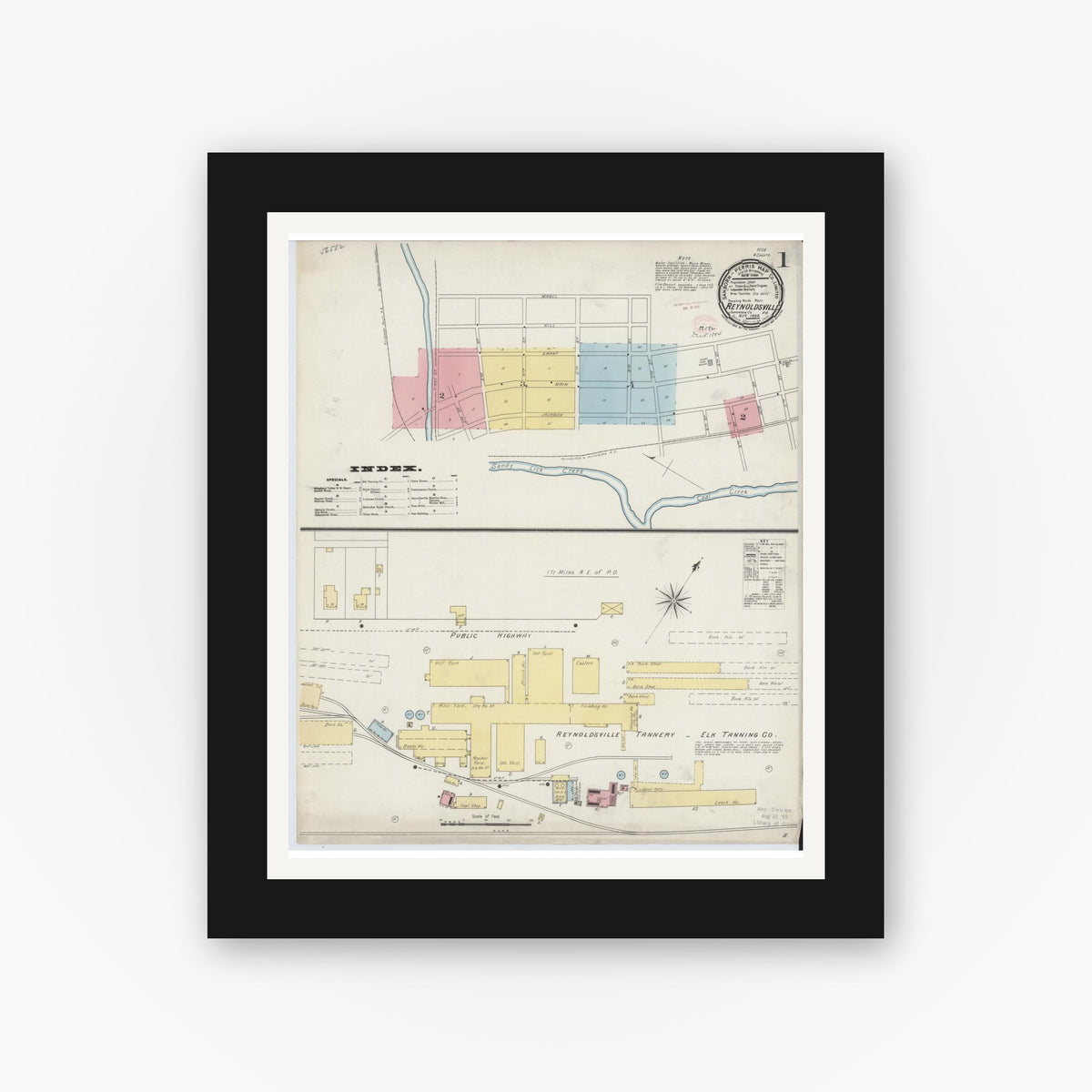Old map wall art mockup — black gallery frame with white mat — Sanborn Fire Insurance Map from Reynoldsville, Jefferson County, Pennsylvania (1894), Sheet #0001