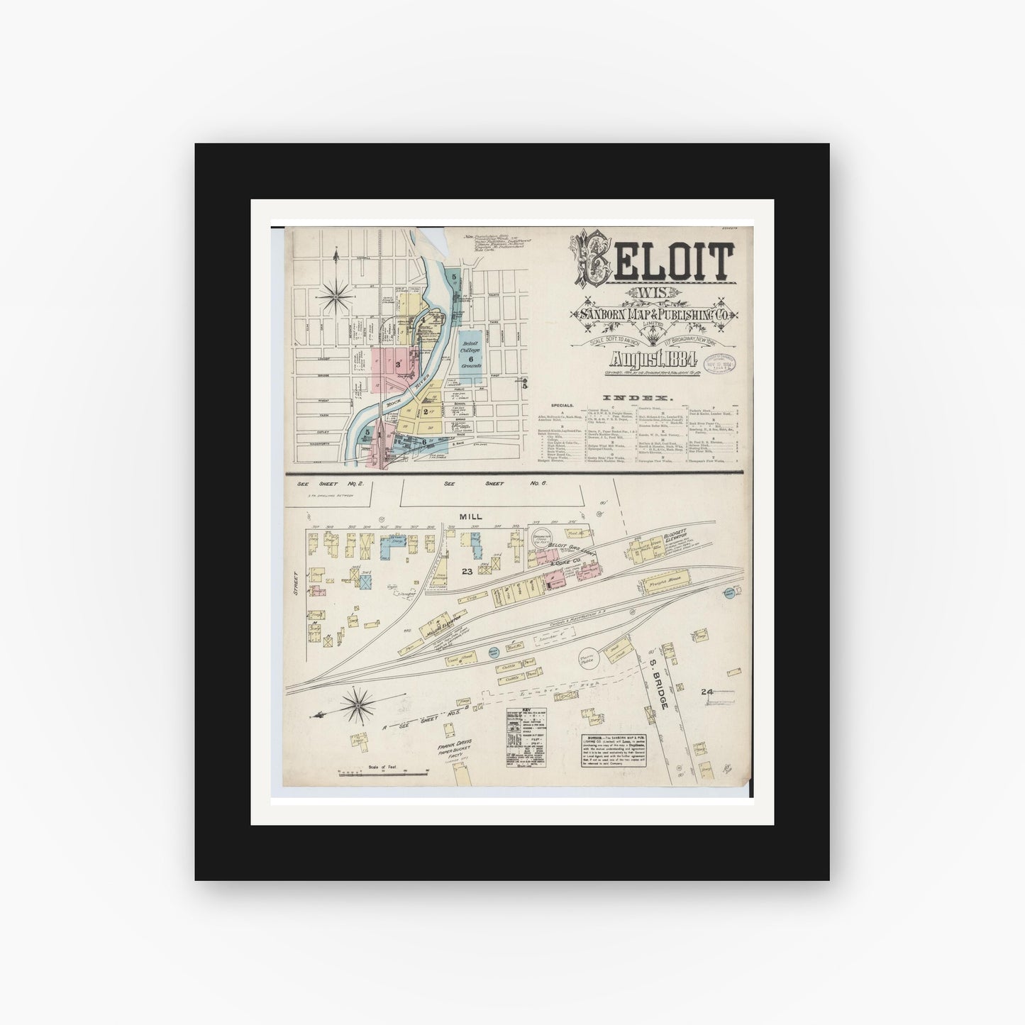 Old map wall art mockup — black gallery frame with white mat — Sanborn Fire Insurance Map from Beloit, Rock County, Wisconsin (1884), Sheet #0001