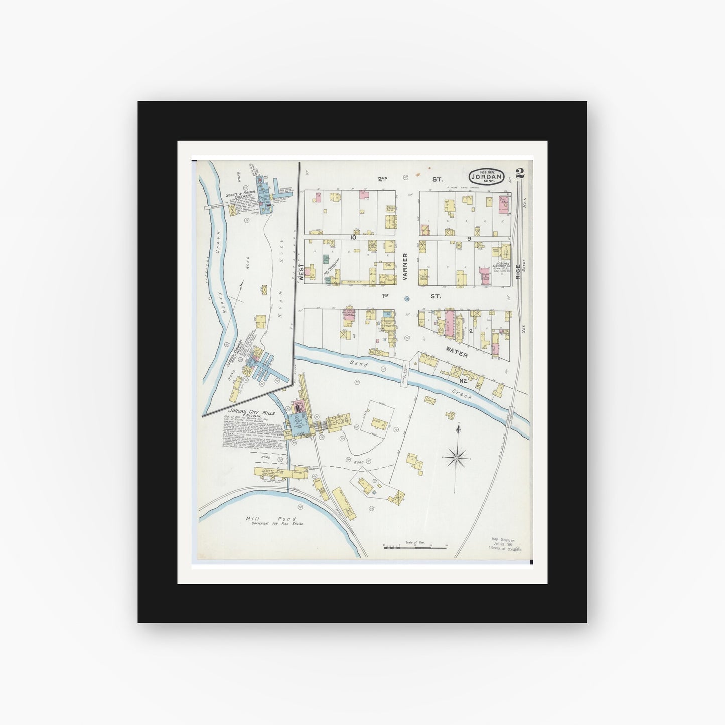 Old map wall art mockup — black gallery frame with white mat — Sanborn Fire Insurance Map from Jordan, Scott County, Minnesota (1892), Sheet #0002