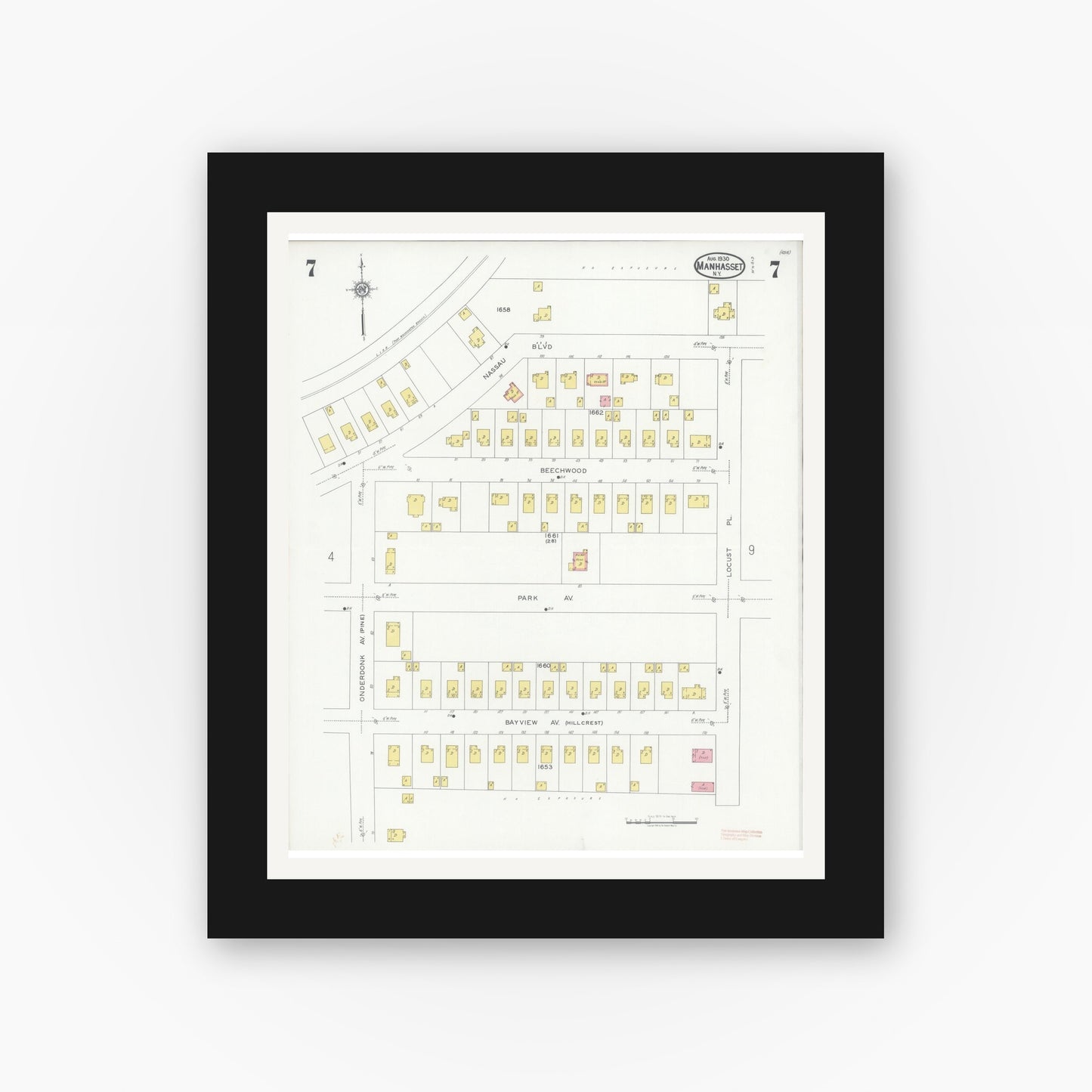 Old map wall art mockup — black gallery frame with white mat — Sanborn Fire Insurance Map from Manhasset, Nassau County, New York (1930), Sheet #0007