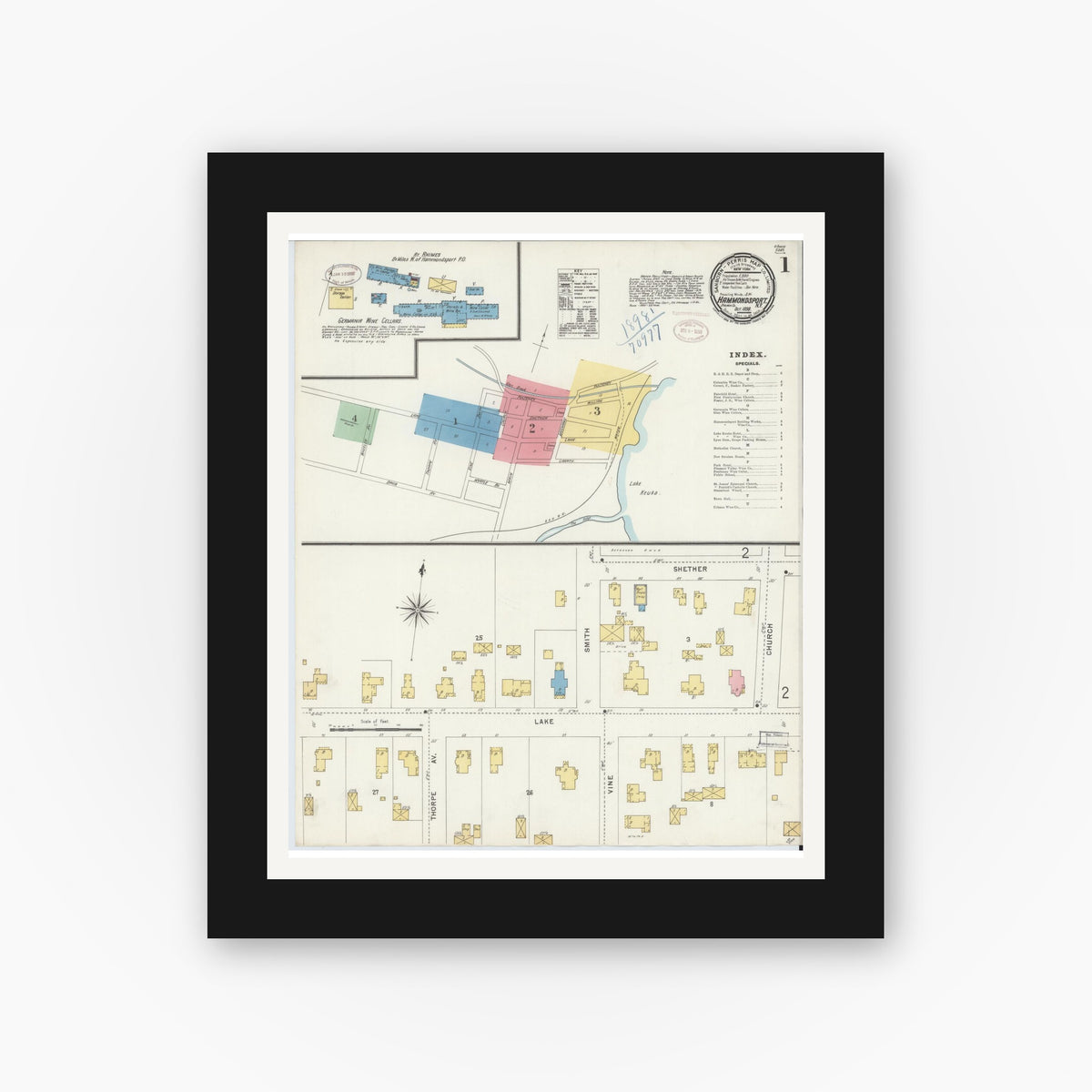 Old map wall art mockup — black gallery frame with white mat — Sanborn Fire Insurance Map from Hammondsport, Steuben County, New York (1898) - Complete Map Set