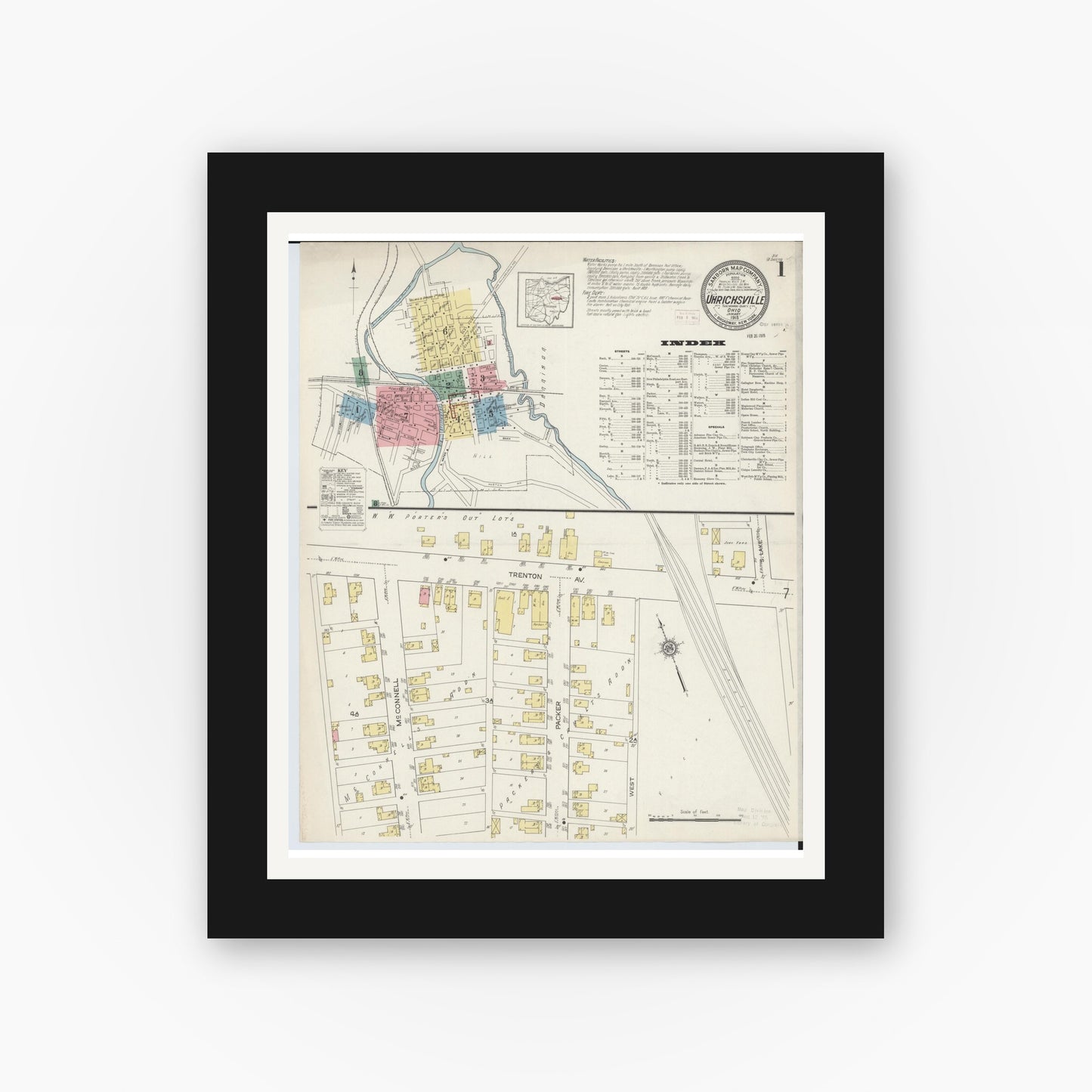 Old map wall art mockup — black gallery frame with white mat — Sanborn Fire Insurance Map from Uhrichsville, Tuscarawas County, Ohio (1915), Sheet #0001
