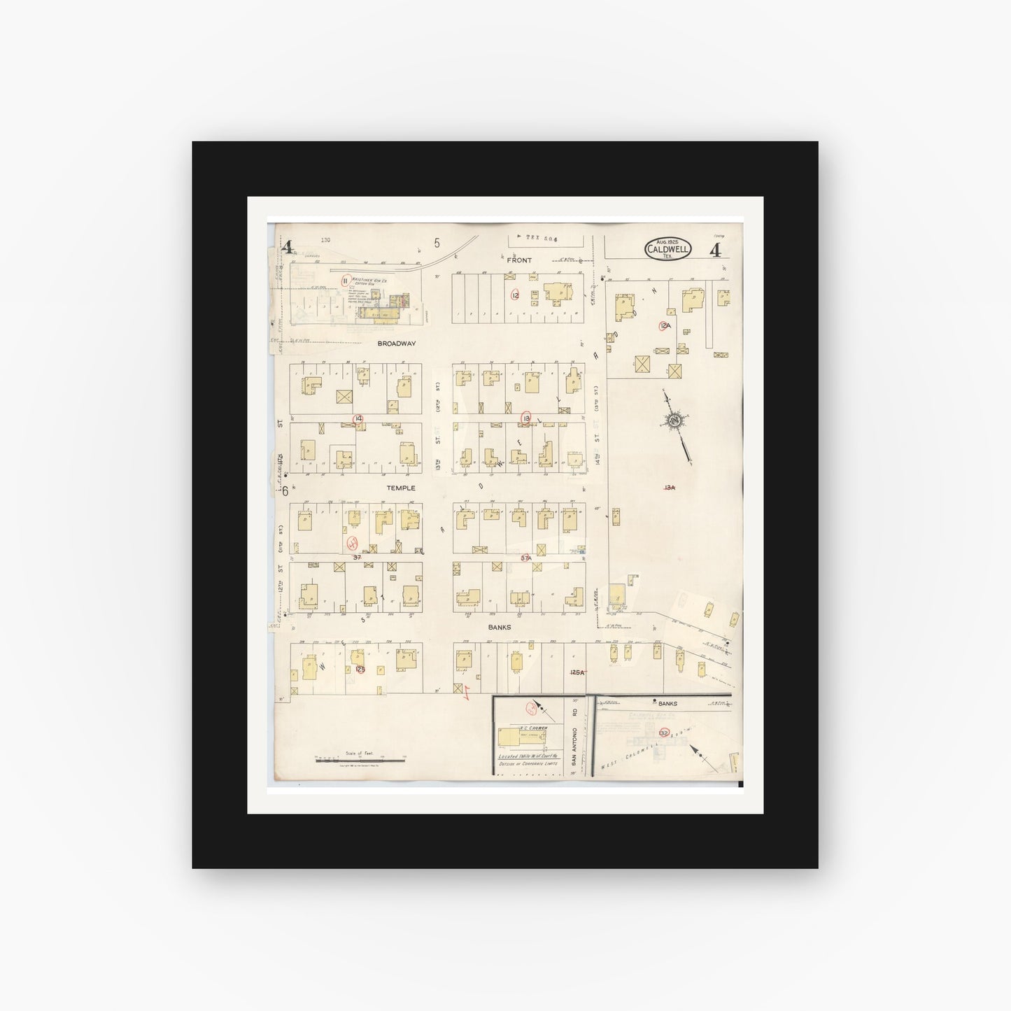 Old map wall art mockup — black gallery frame with white mat — Sanborn Fire Insurance Map from Caldwell, Burleson County, Texas (1943), Sheet #0004