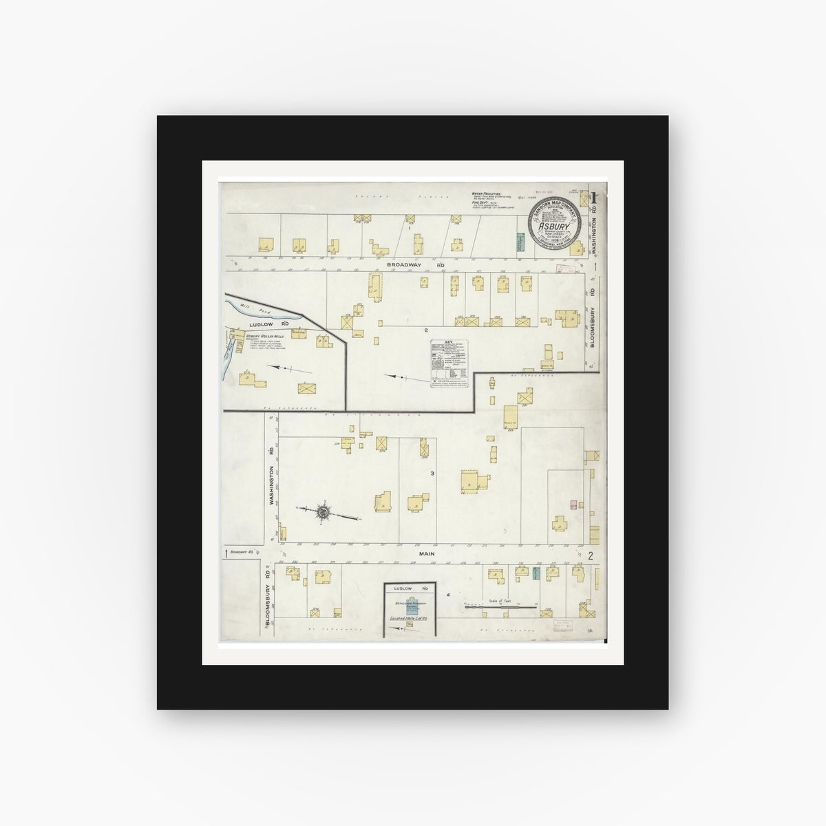 Old map wall art mockup — black gallery frame with white mat — Sanborn Fire Insurance Map from Asbury, Warren County, New Jersey (1909) - Complete Map Set