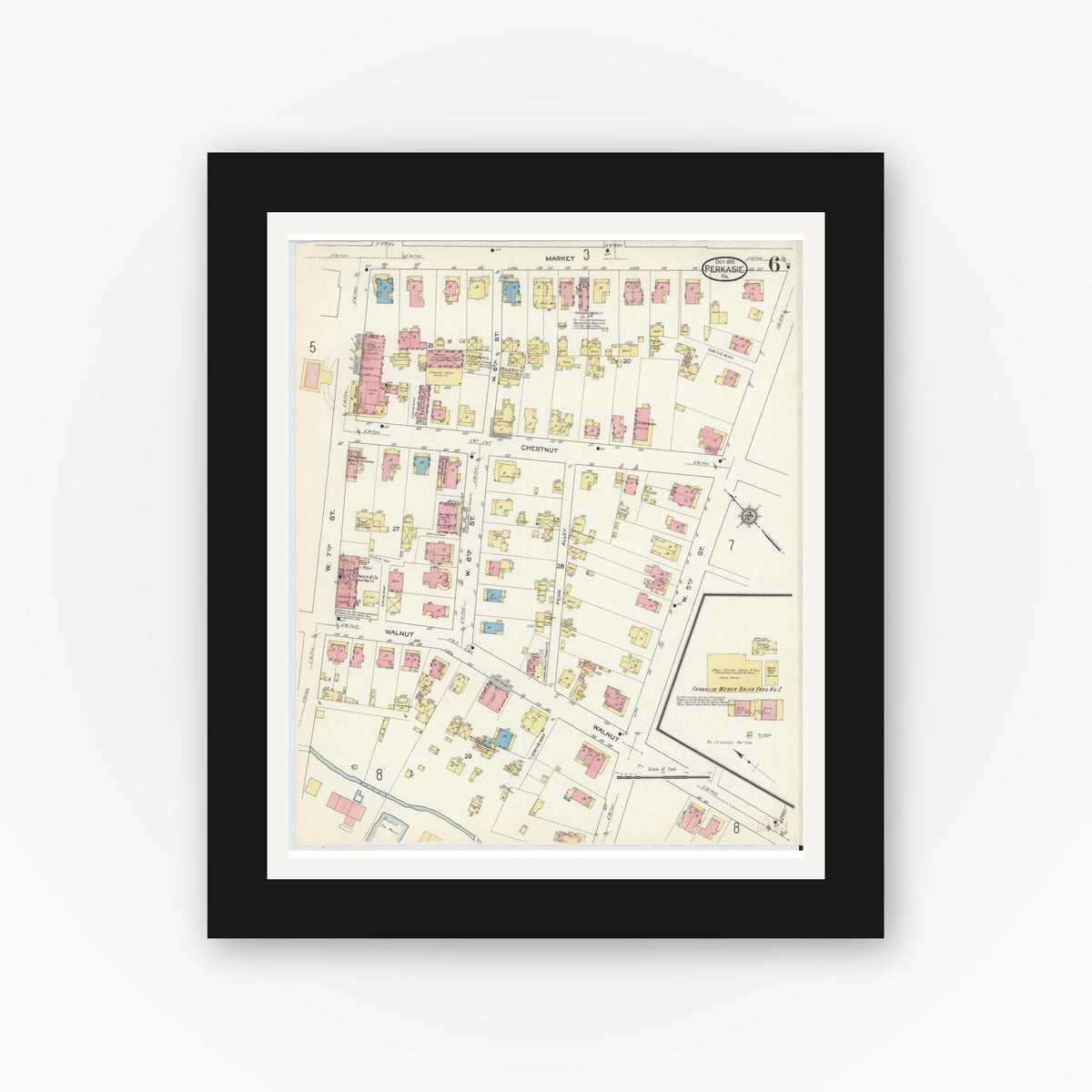 Old map wall art mockup — black gallery frame with white mat — Sanborn Fire Insurance Map from Perkasie, Bucks County, Pennsylvania (1913), Sheet #0006