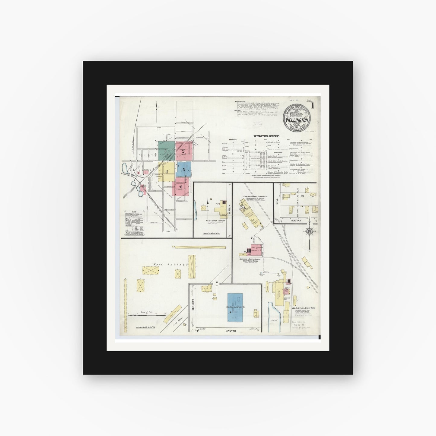 Old map wall art mockup — black gallery frame with white mat — Sanborn Fire Insurance Map from Wellington, Lorain County, Ohio (1911) - Complete Map Set