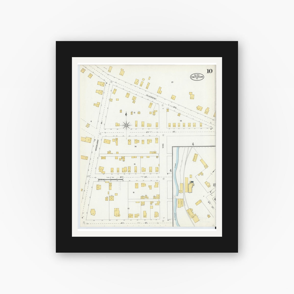 Old map wall art mockup — black gallery frame with white mat — Sanborn Fire Insurance Map from Emporium, Cameron County, Pennsylvania (1903), Sheet #0010